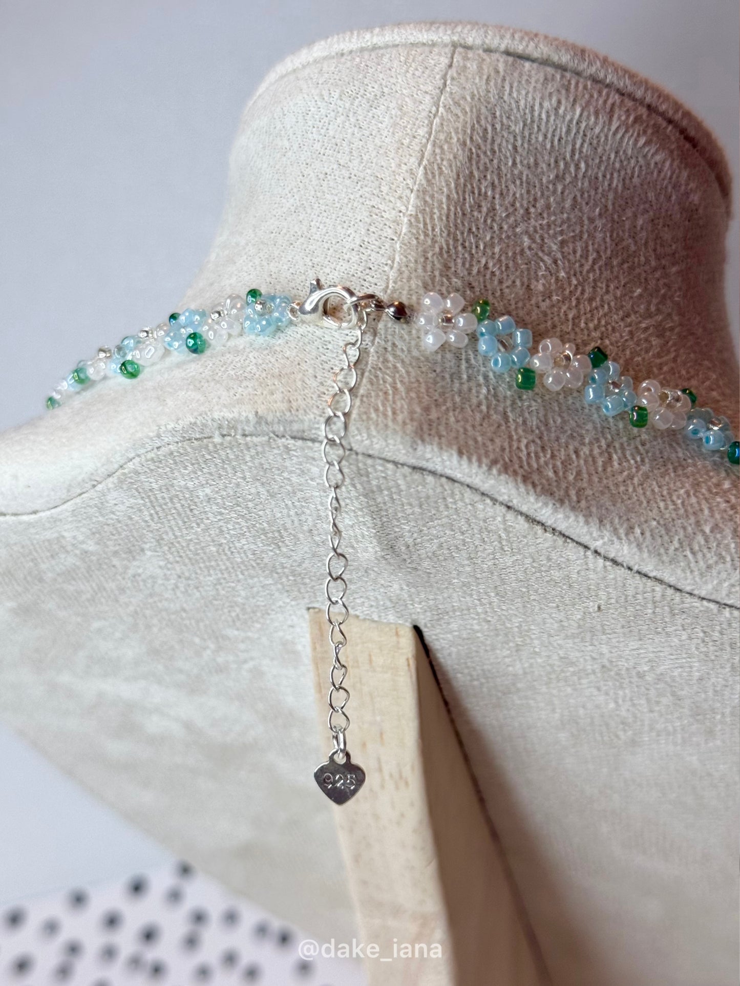 Baby Blue White Beaded Flower Necklace Dainty | Handmade Sky Floral Seed Bead Choker Green Leaves Adjustable