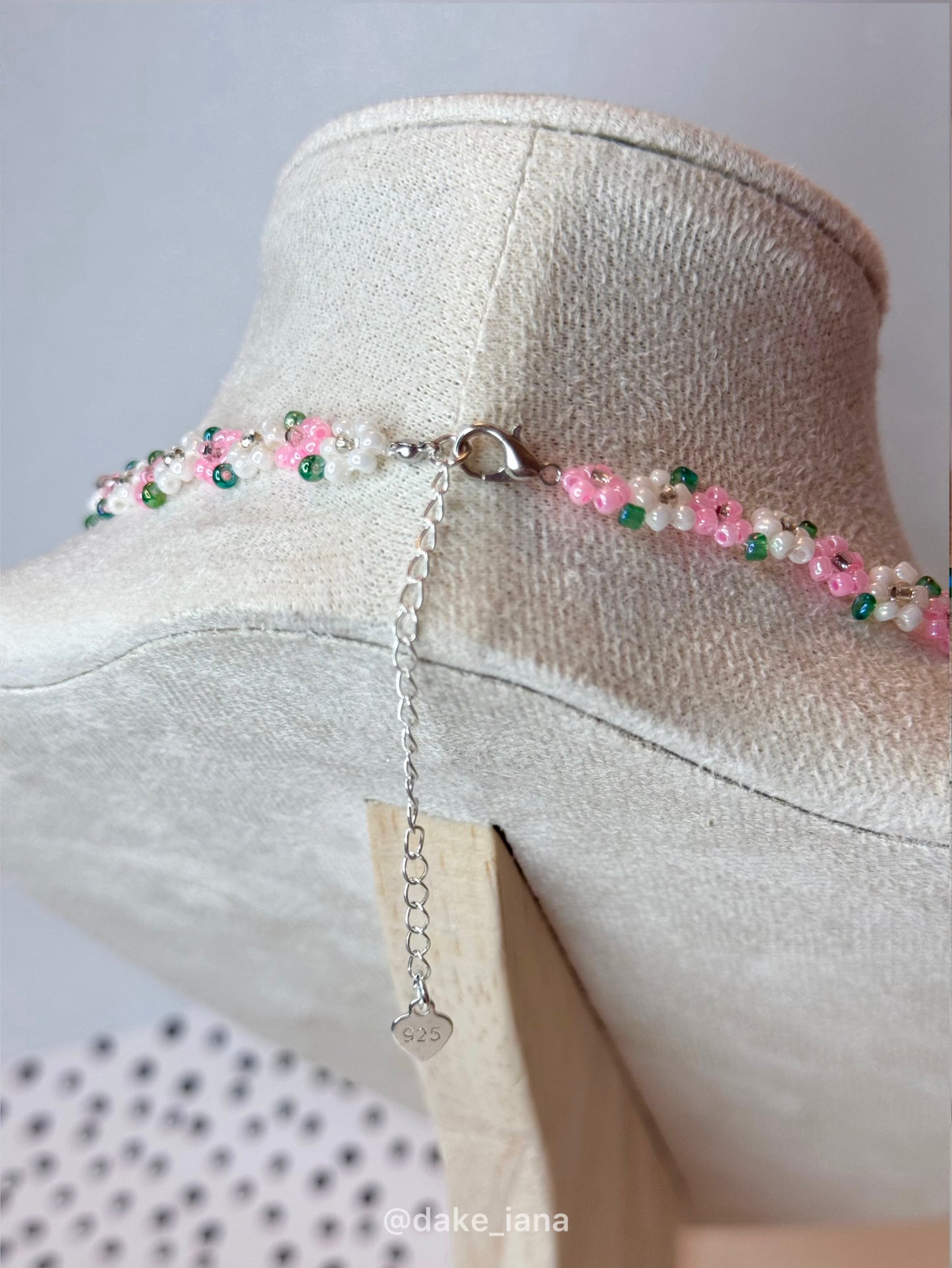 Dainty Pink White Beaded Flower Necklace | Handmade Floral Seed Bead Choker Green Leaves Adjustable Jewelry