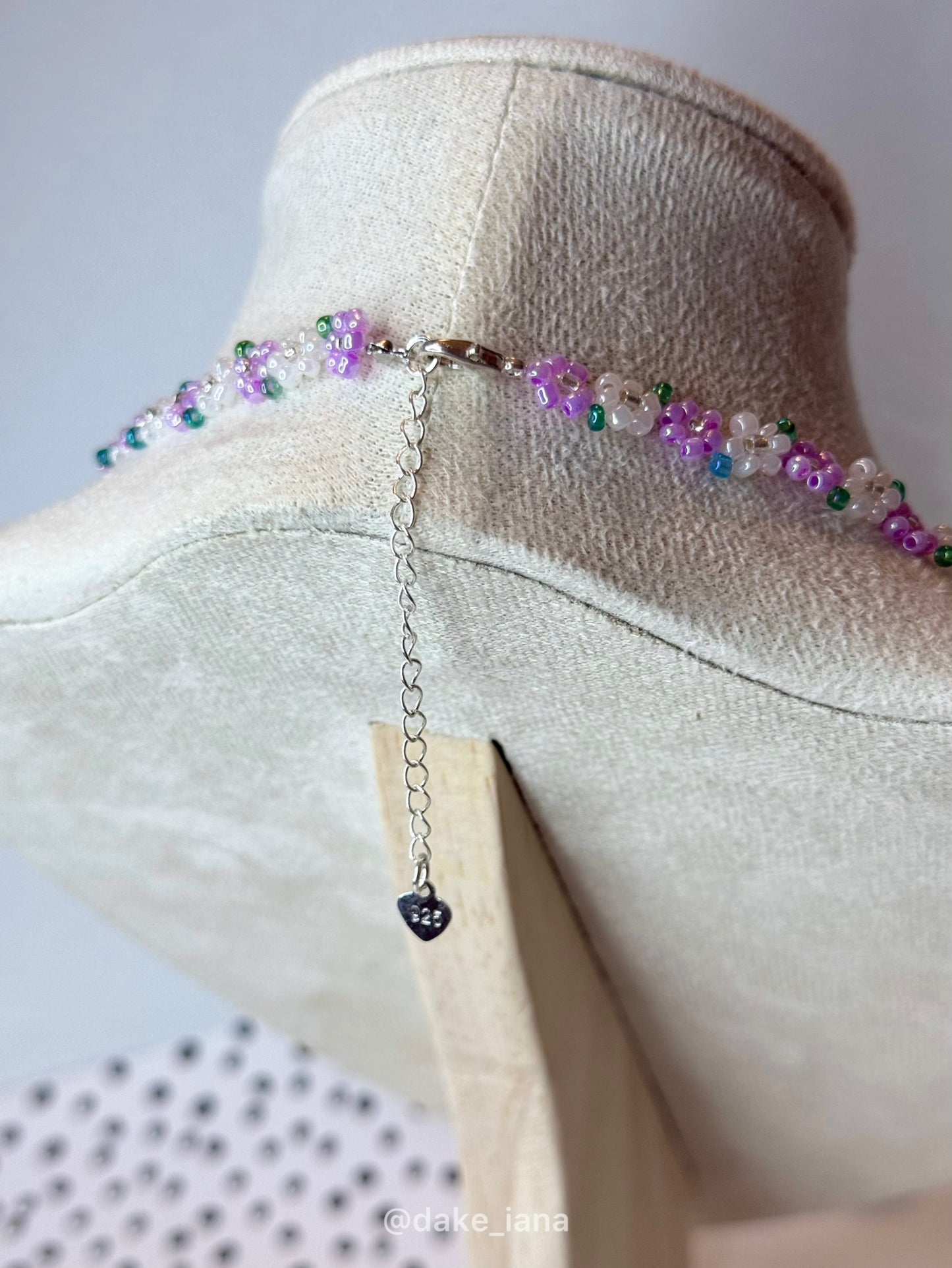 Purple White Beaded Flower Necklace Dainty | Handmade Lavender Floral Seed Bead Choker Green Leaves Adjustable