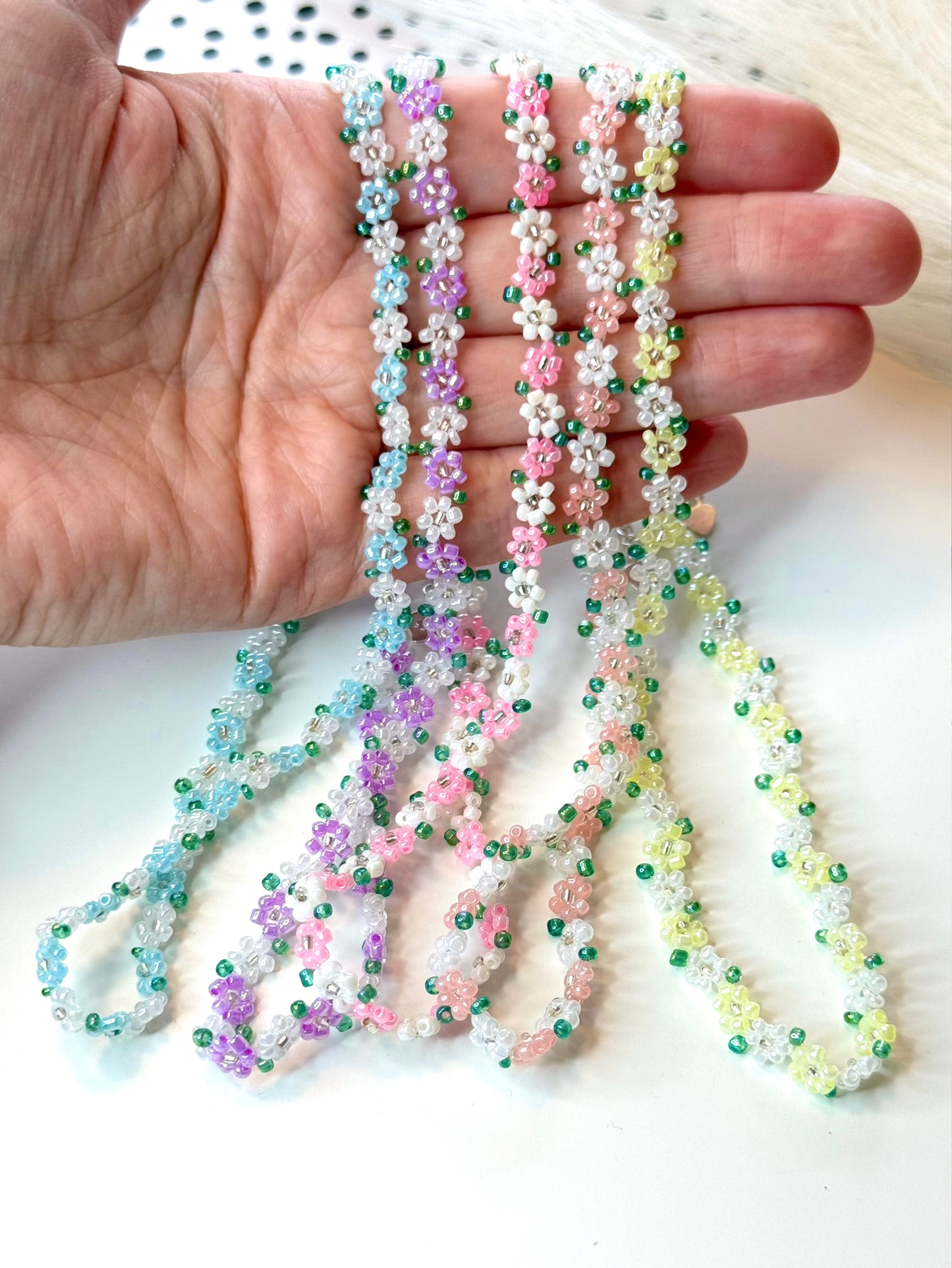 Handmade Beaded Flower Necklace | Dainty Floral Seed Bead Choker with Green Leaves | Adjustable 35cm + 6cm Extender Chain