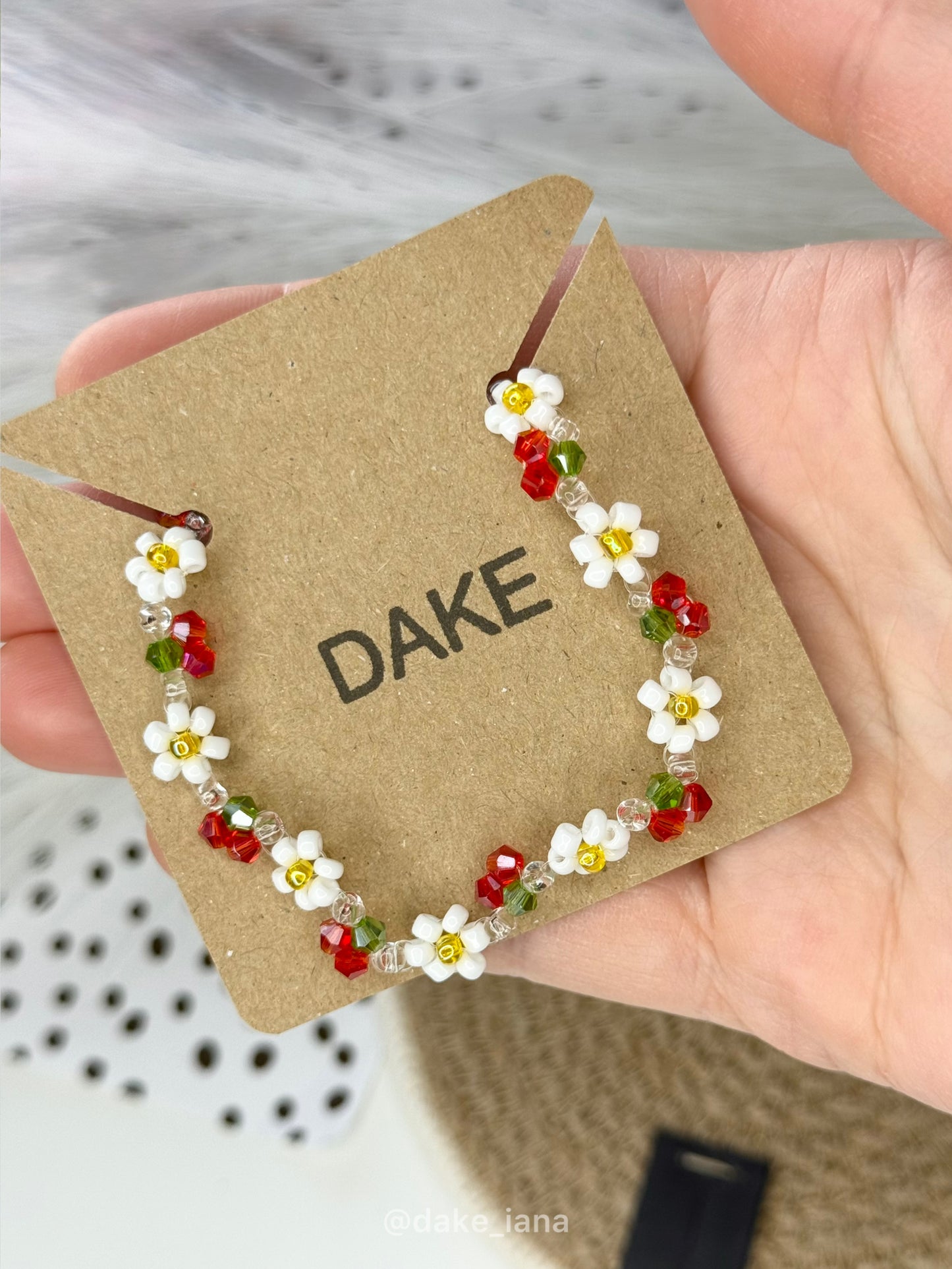 Handmade Daisy Beaded Bracelet with Crystal Cherries | Floral Seed Bead Jewelry | Adjustable Hypoallergenic Gift for Her