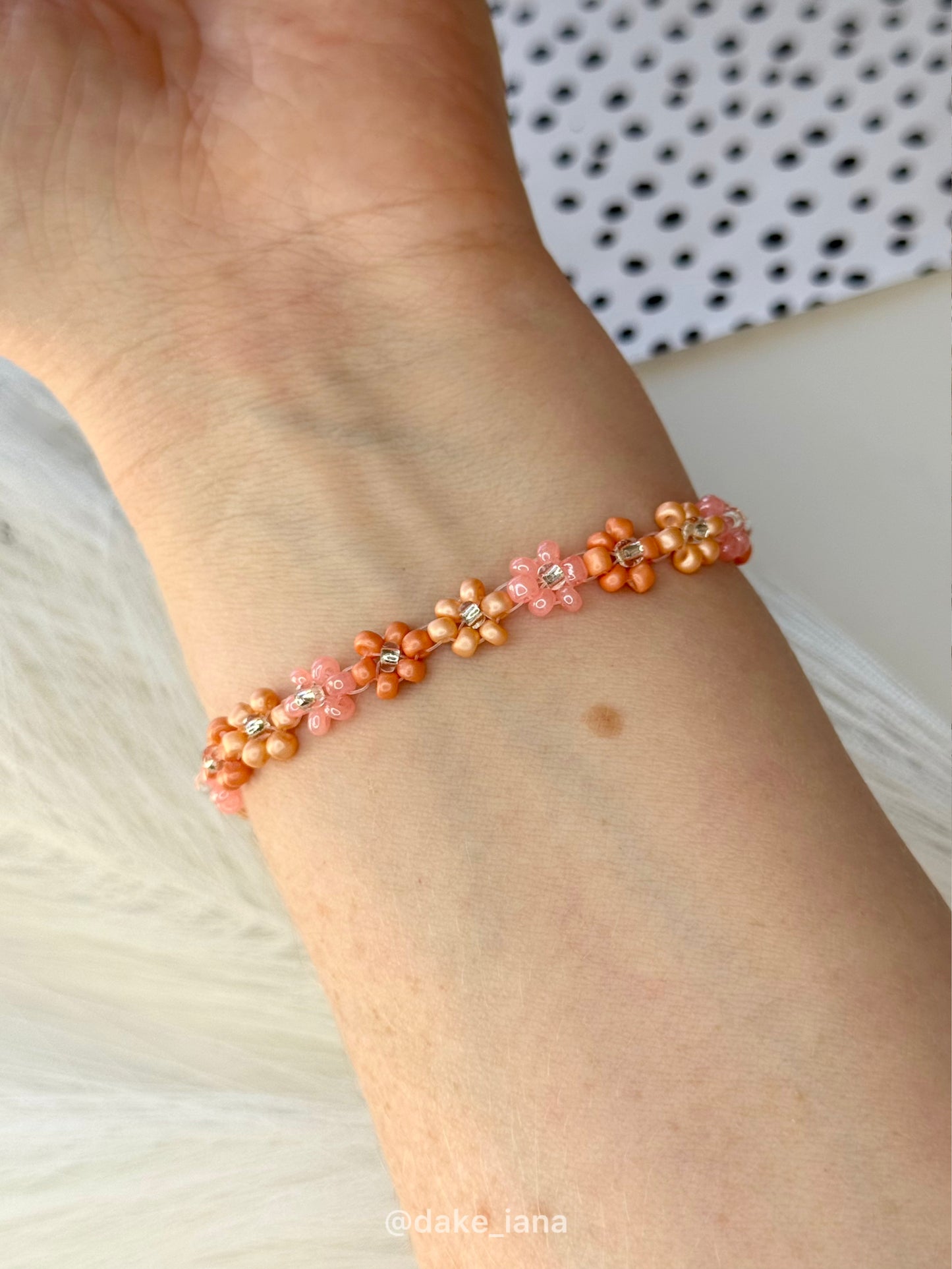 Orange Beaded Flower Bracelet, Handmade Floral Bracelet, Daisy Jewelry, Bright Summer Bracelet, Adjustable Clasp