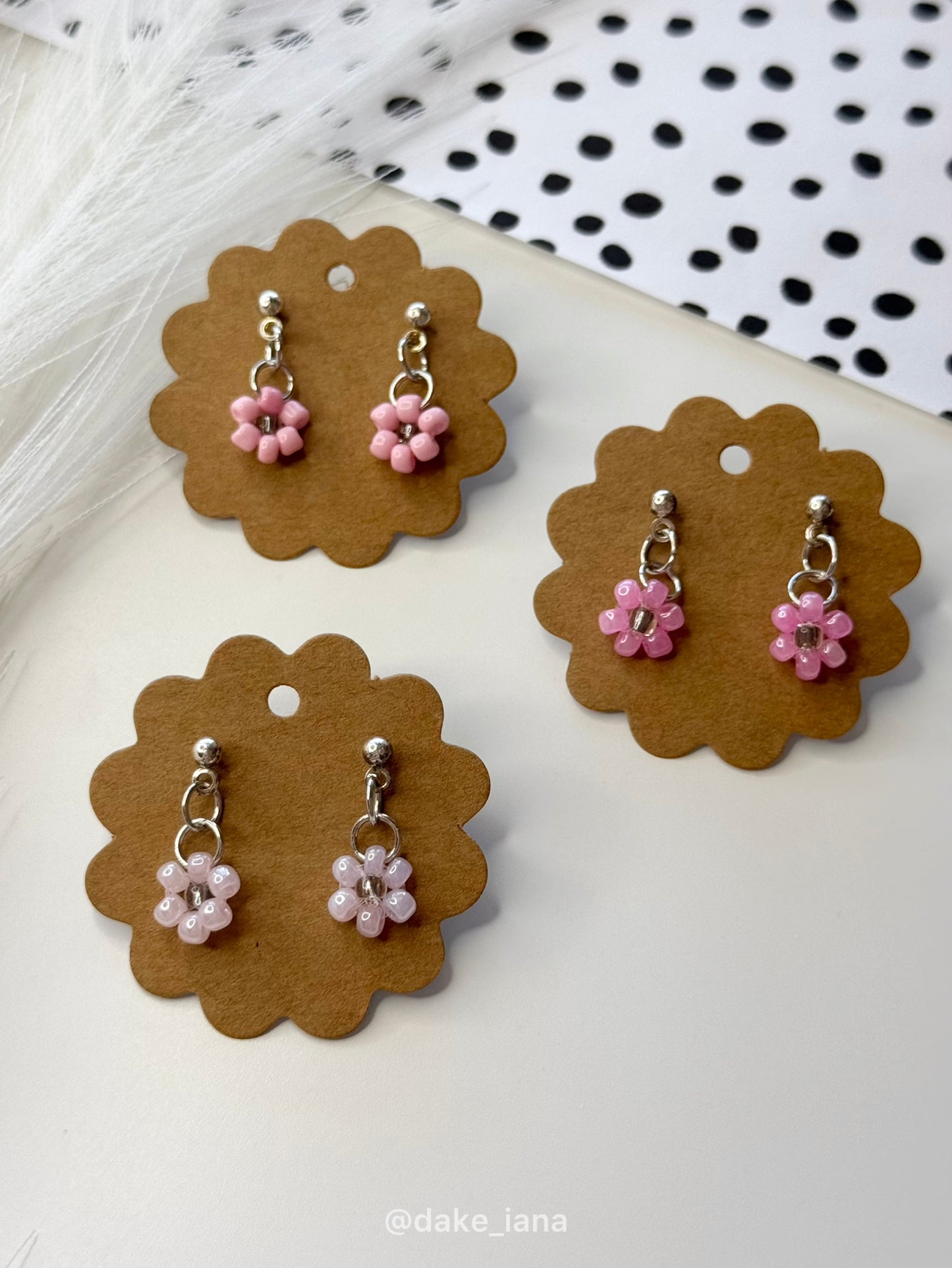 Pink Beaded Daisy Earrings Set, Handmade Floral Jewelry