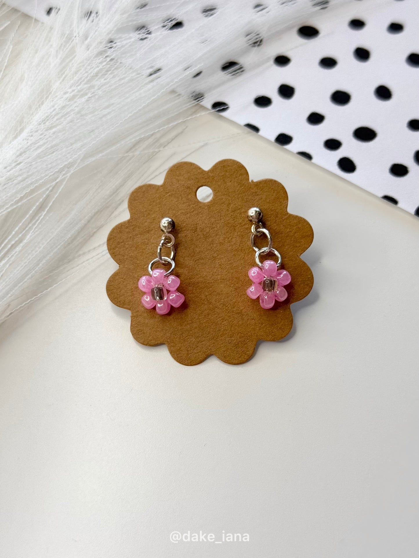 Pink Beaded Daisy Earrings Set, Handmade Floral Jewelry