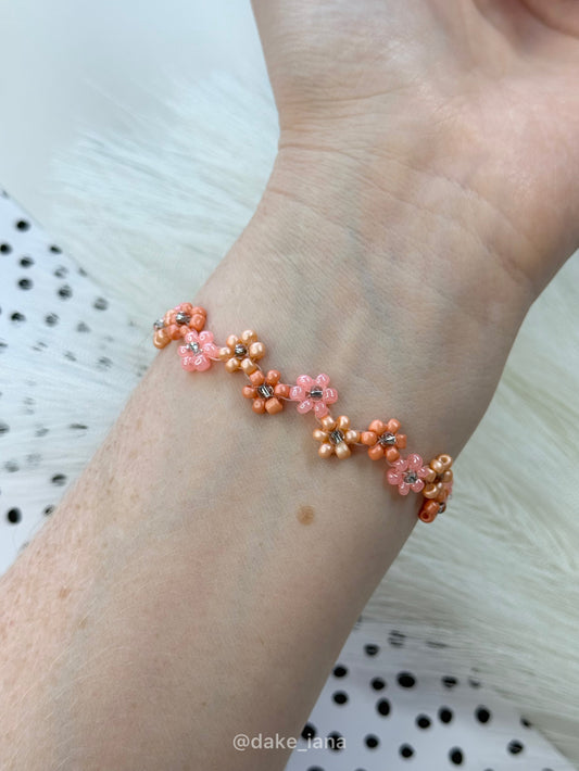 Orange Daisy Beaded Bracelet – Handmade Boho Floral Bracelet, Zigzag Pattern