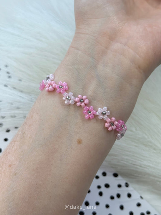 Pink Daisy Beaded Bracelet – Handmade Cute Floral Bracelet, Zigzag Daisy Design