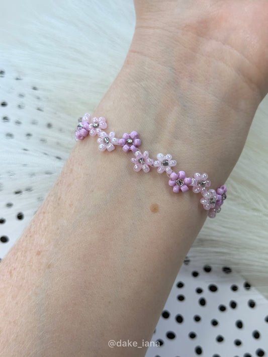 Purple Daisy Beaded Bracelet – Handmade Fairycore Floral Bracelet, Zigzag Design