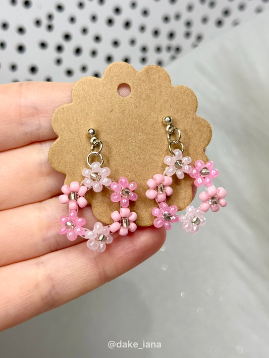 Pink Beaded Flower Hoop Earrings – Handmade Floral Jewelry