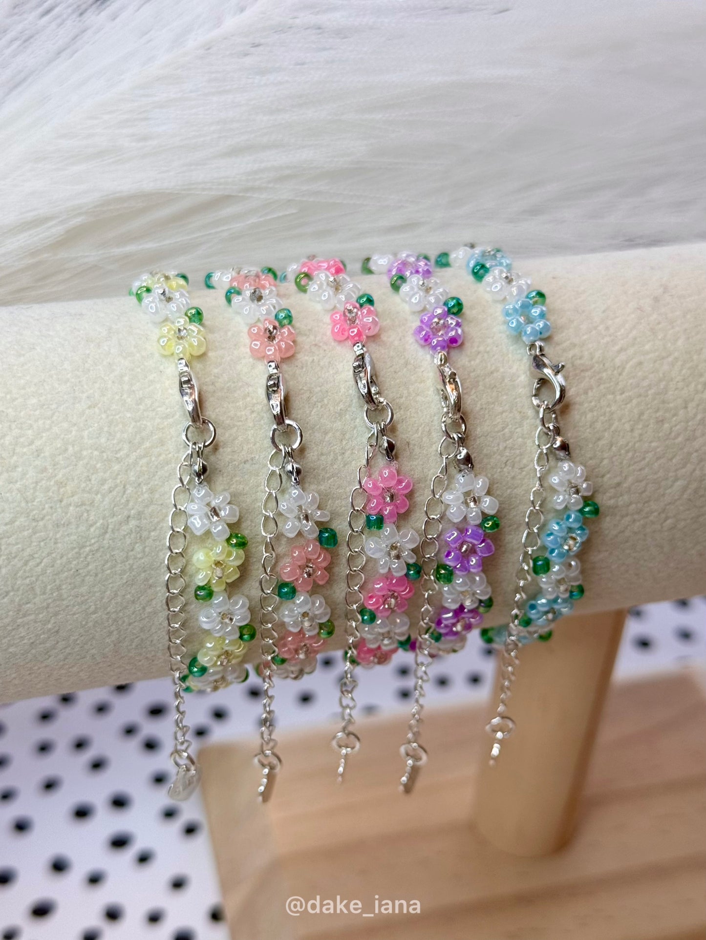 Pastel Flower Beaded Bracelet | Dainty Floral Seed Bead Bracelet Adjustable Stainless Steel Chain Choose Color