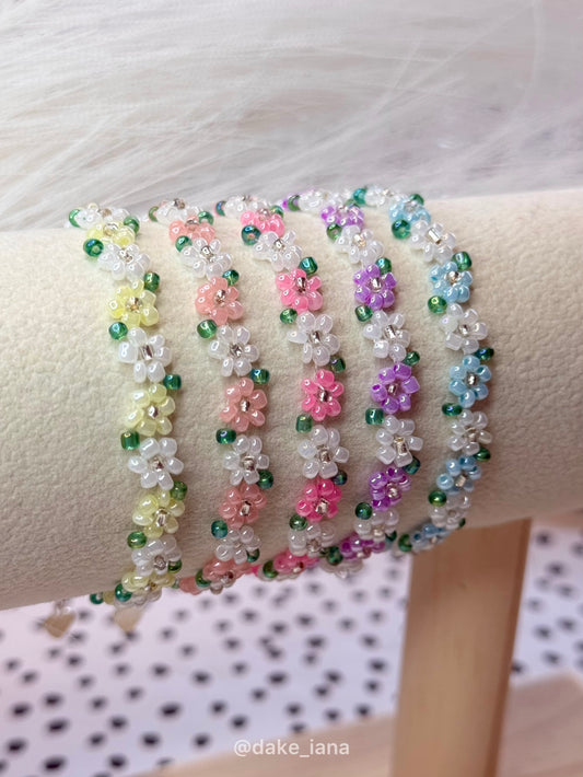 Pastel Flower Beaded Bracelet | Dainty Floral Seed Bead Bracelet Adjustable Stainless Steel Chain Choose Color