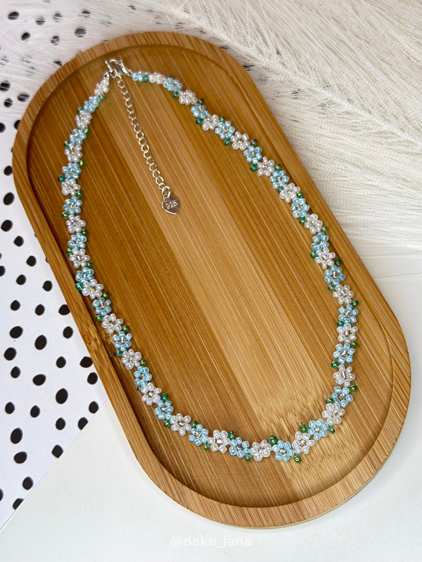 Baby Blue White Beaded Flower Necklace Dainty | Handmade Sky Floral Seed Bead Choker Green Leaves Adjustable