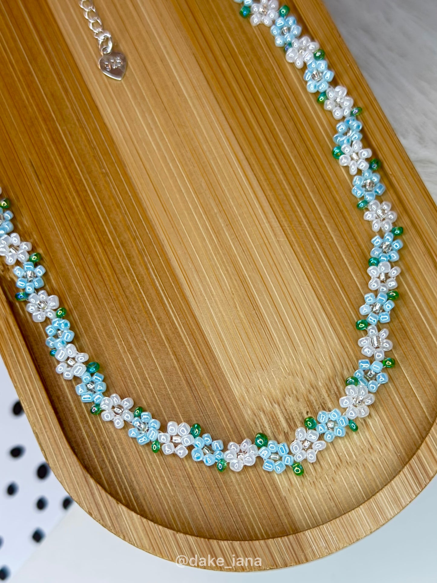 Baby Blue White Beaded Flower Necklace Dainty | Handmade Sky Floral Seed Bead Choker Green Leaves Adjustable