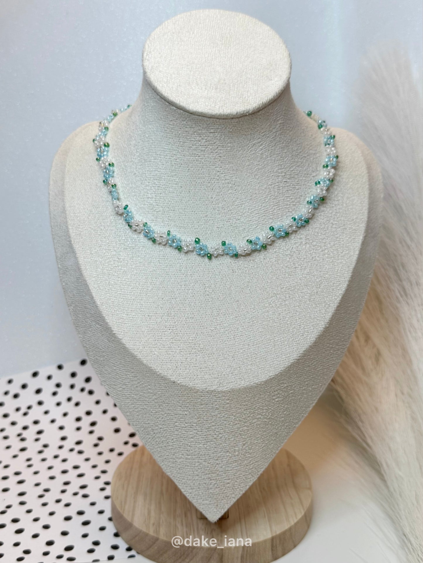 Baby Blue White Beaded Flower Necklace Dainty | Handmade Sky Floral Seed Bead Choker Green Leaves Adjustable