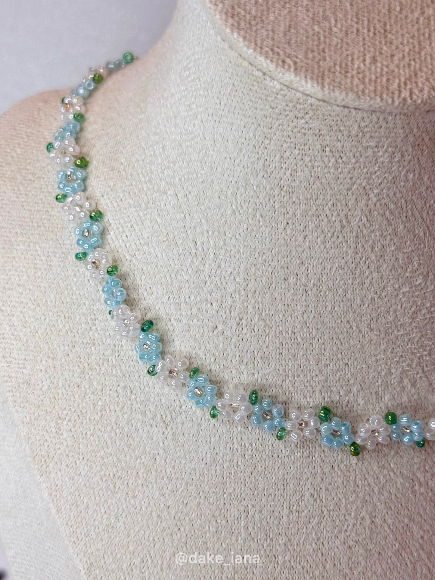 Baby Blue White Beaded Flower Necklace Dainty | Handmade Sky Floral Seed Bead Choker Green Leaves Adjustable