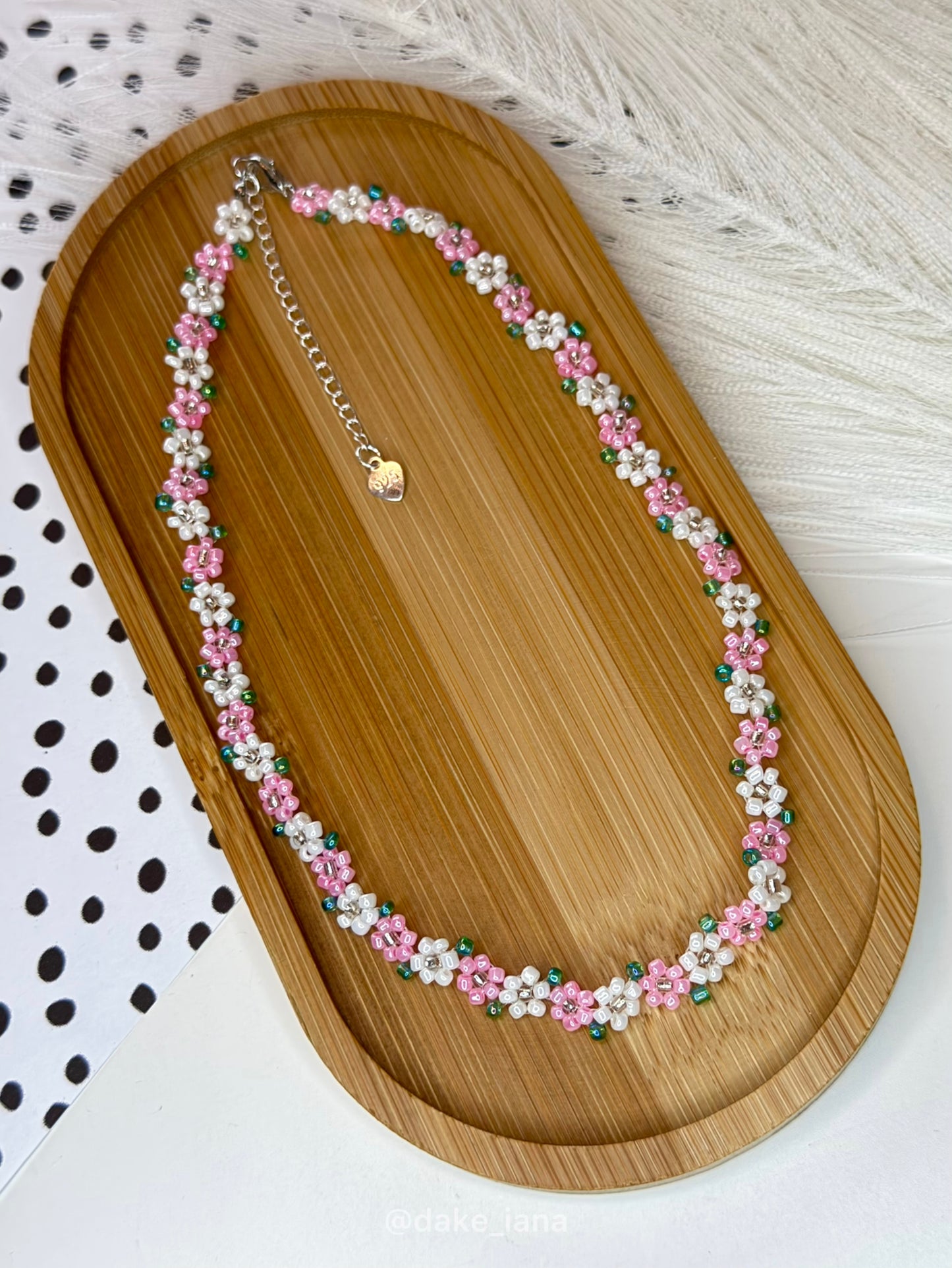 Dainty Pink White Beaded Flower Necklace | Handmade Floral Seed Bead Choker Green Leaves Adjustable Jewelry