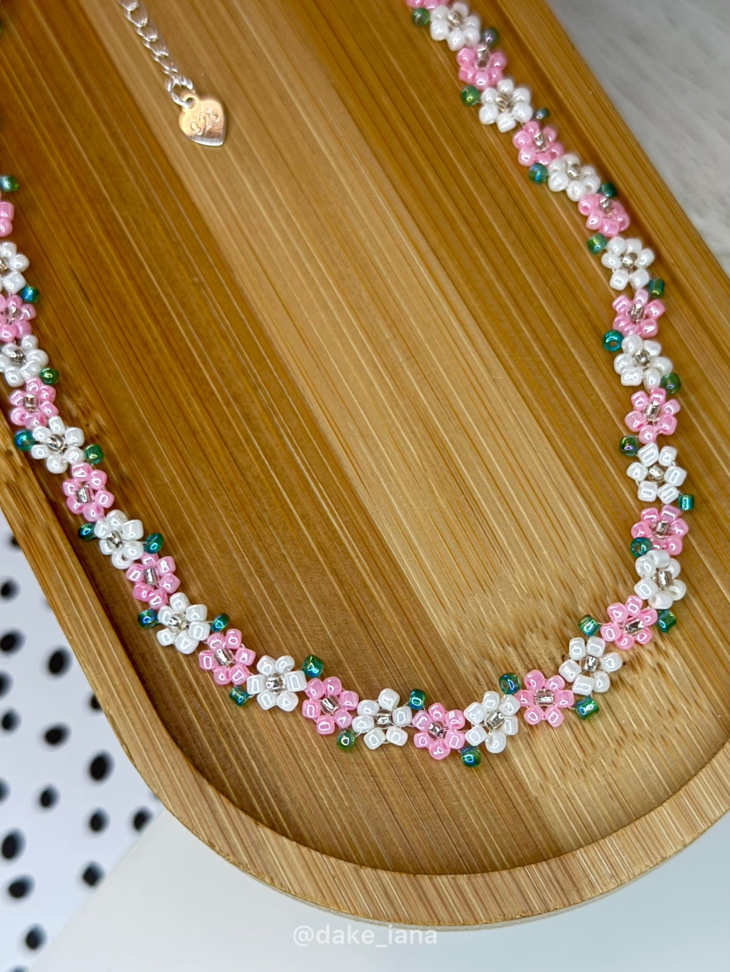 Dainty Pink White Beaded Flower Necklace | Handmade Floral Seed Bead Choker Green Leaves Adjustable Jewelry