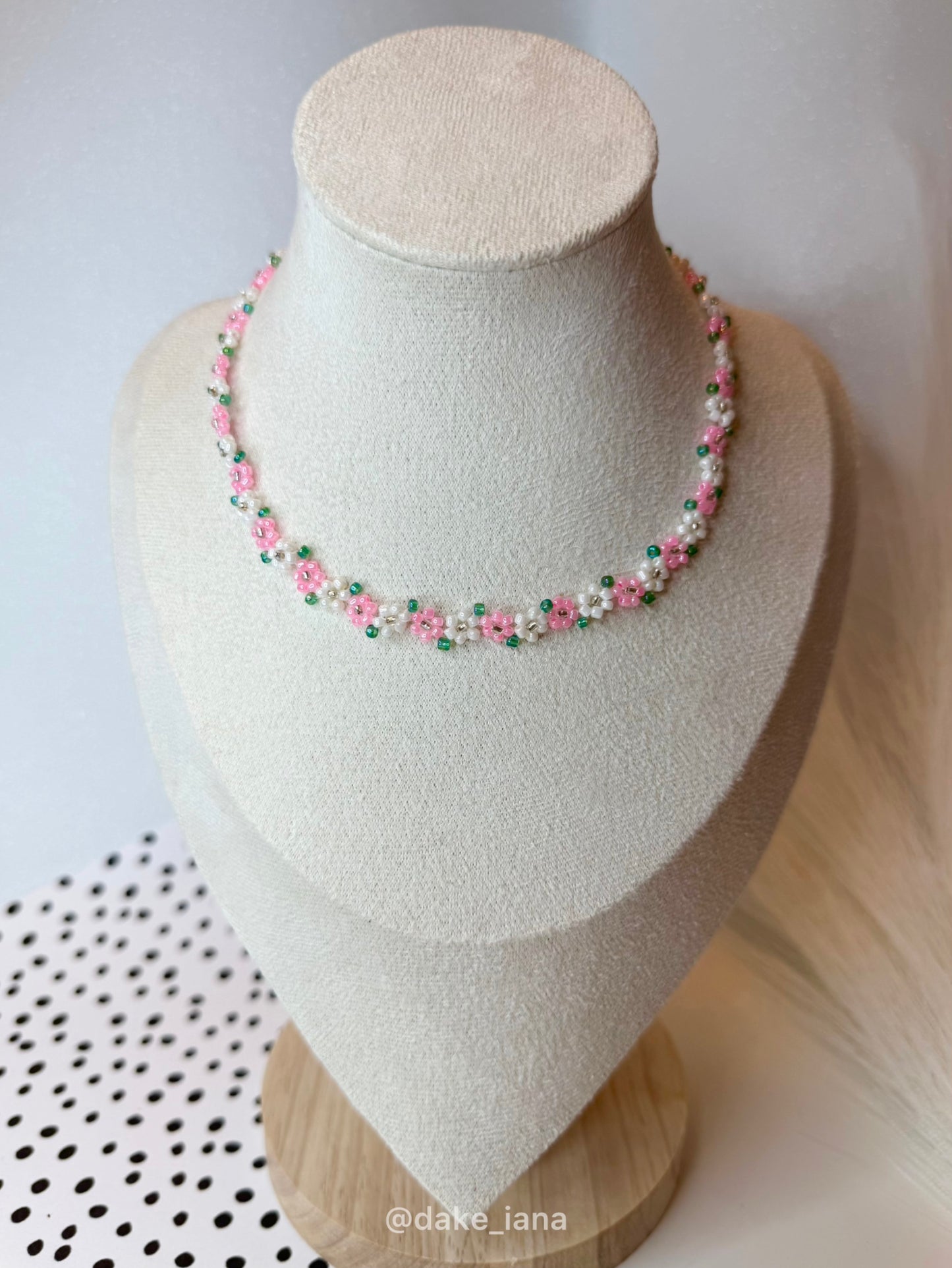 Dainty Pink White Beaded Flower Necklace | Handmade Floral Seed Bead Choker Green Leaves Adjustable Jewelry