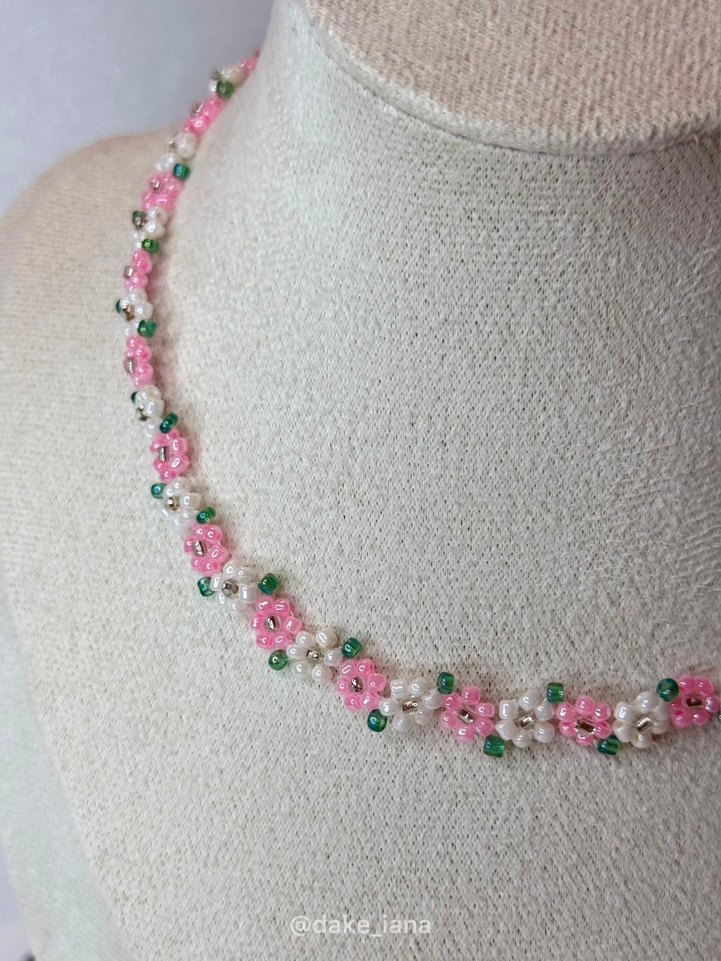 Dainty Pink White Beaded Flower Necklace | Handmade Floral Seed Bead Choker Green Leaves Adjustable Jewelry