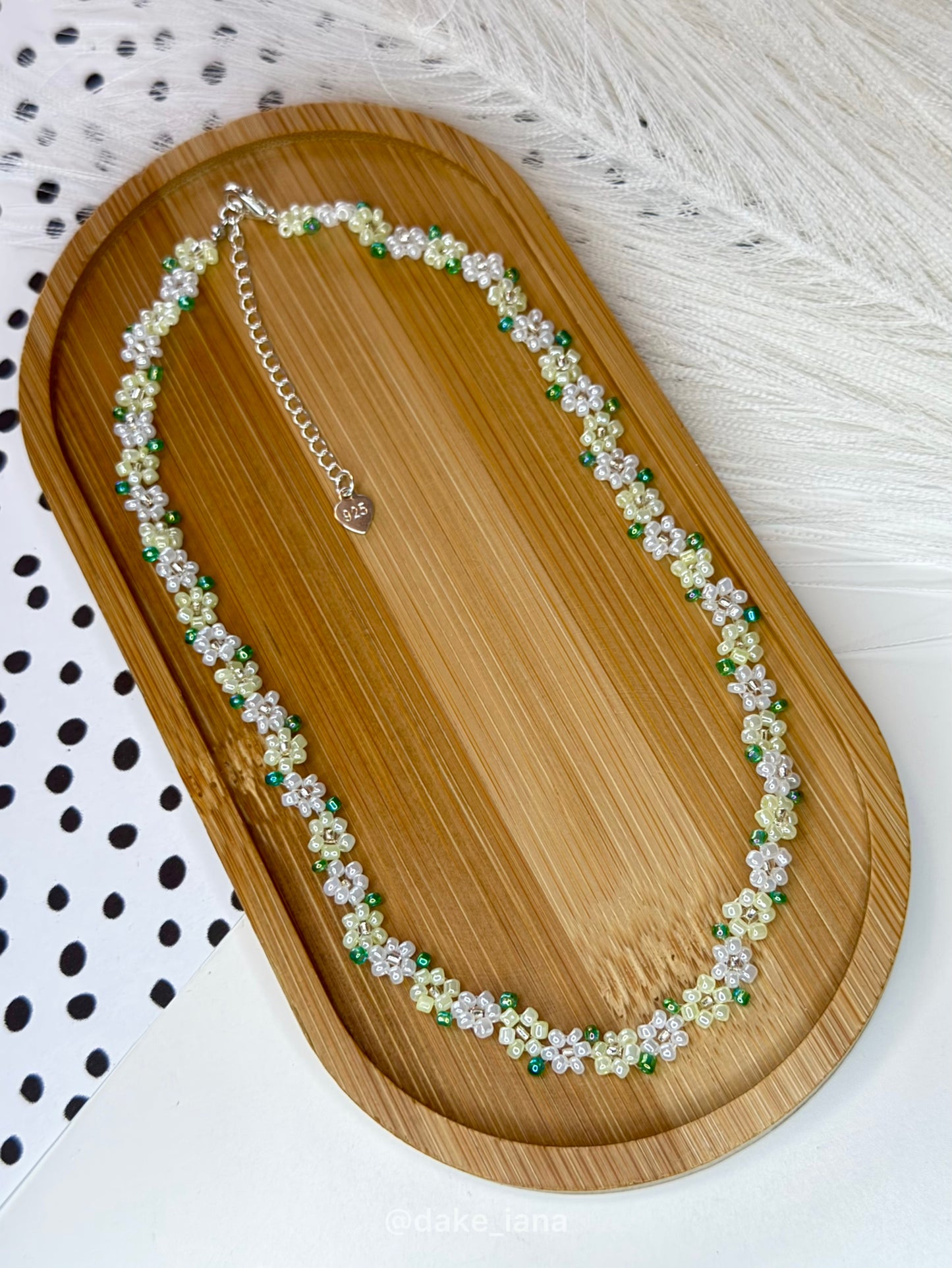 Lemon Yellow White Beaded Flower Necklace | Sunny Handmade Floral Seed Bead Choker Green Leaves Adjustable