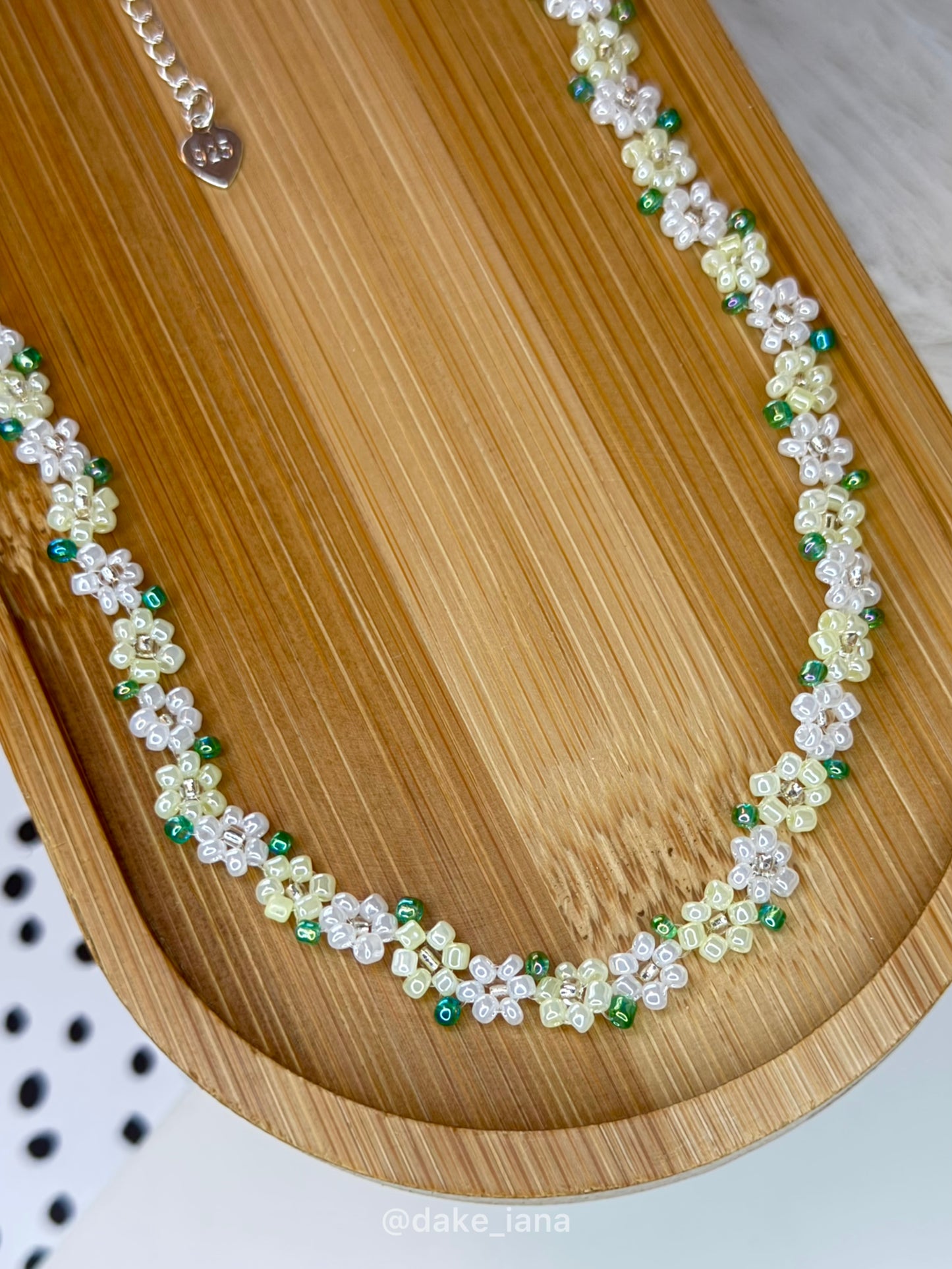 Lemon Yellow White Beaded Flower Necklace | Sunny Handmade Floral Seed Bead Choker Green Leaves Adjustable