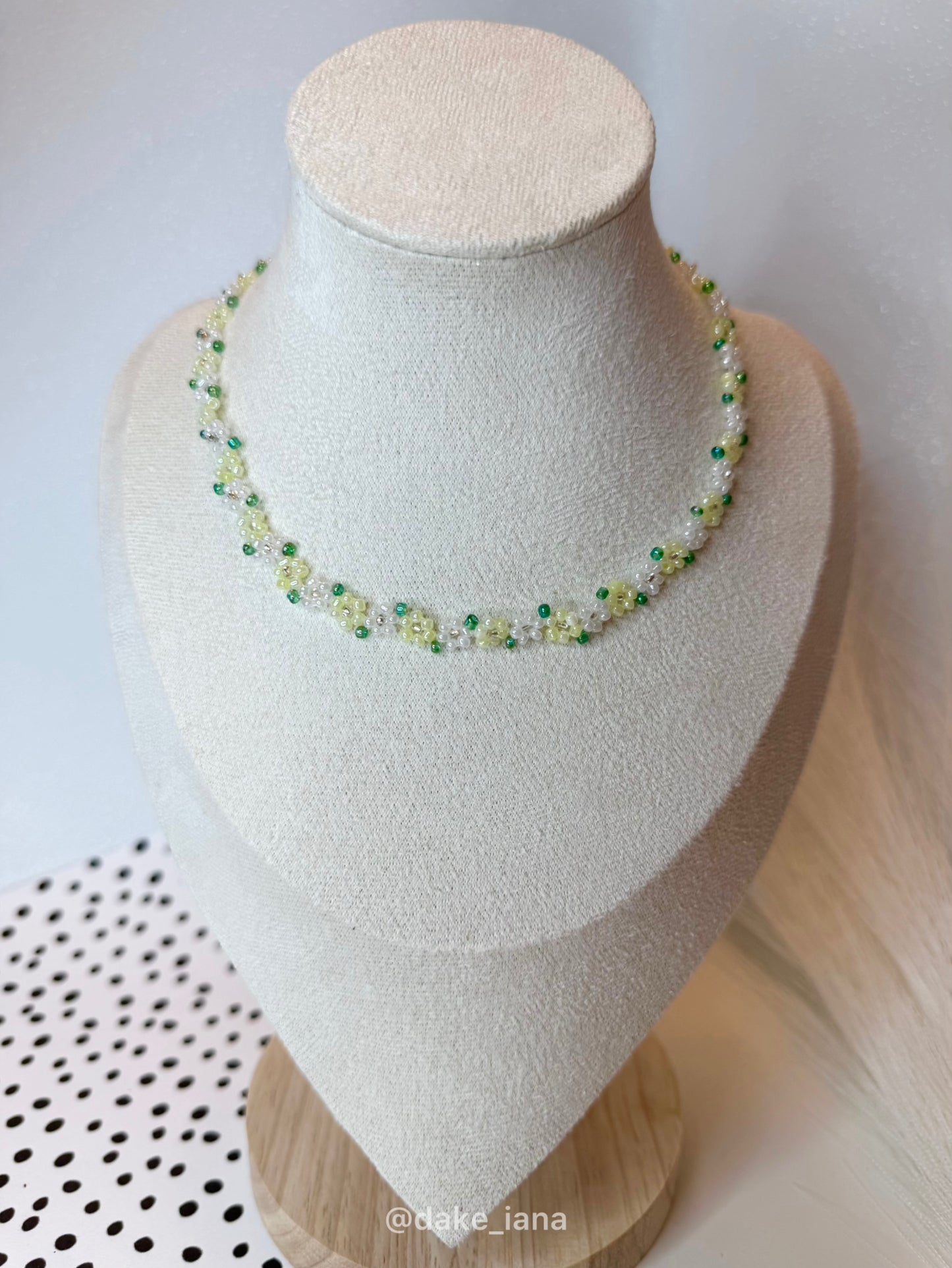Lemon Yellow White Beaded Flower Necklace | Sunny Handmade Floral Seed Bead Choker Green Leaves Adjustable