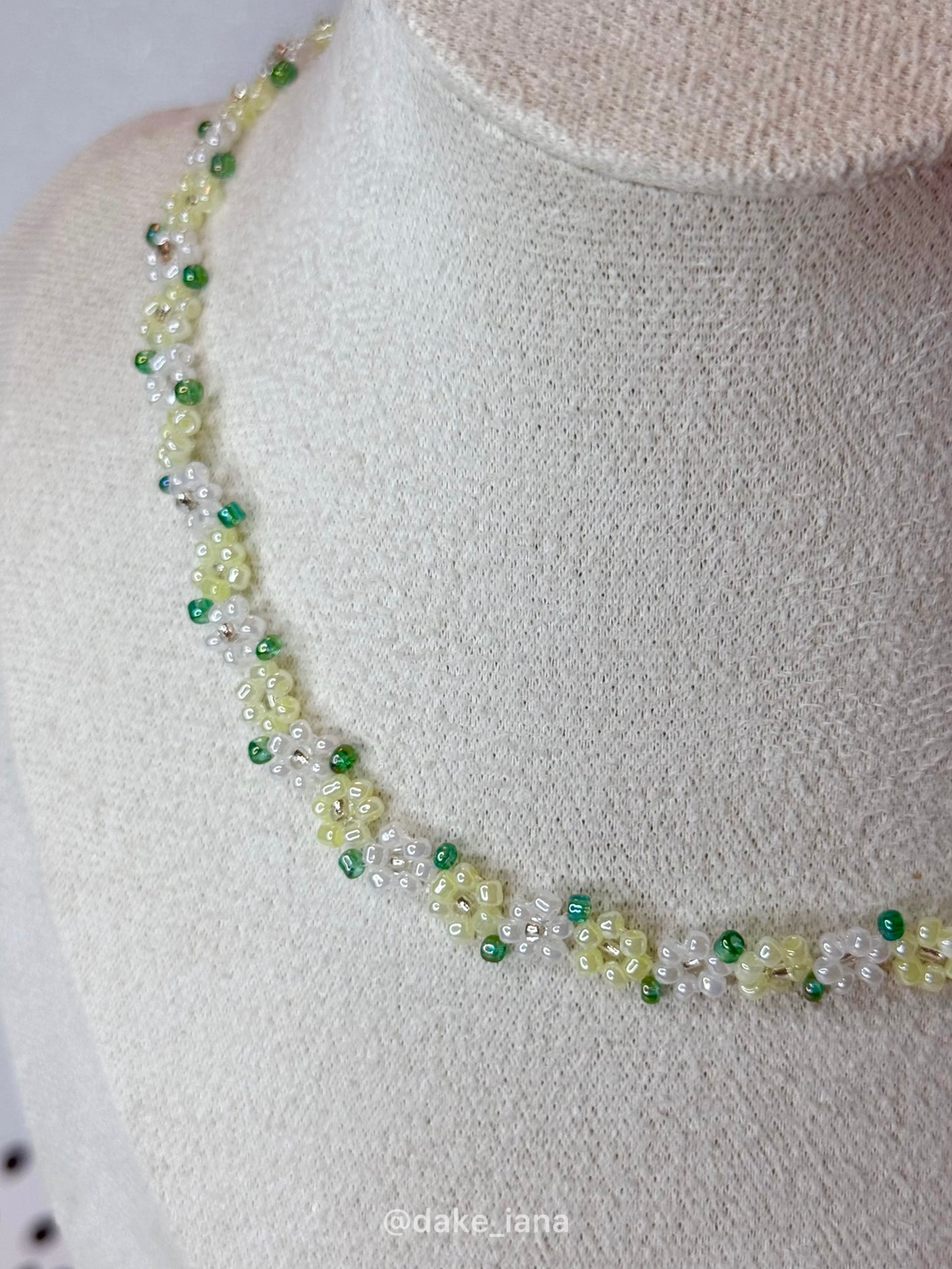 Lemon Yellow White Beaded Flower Necklace | Sunny Handmade Floral Seed Bead Choker Green Leaves Adjustable