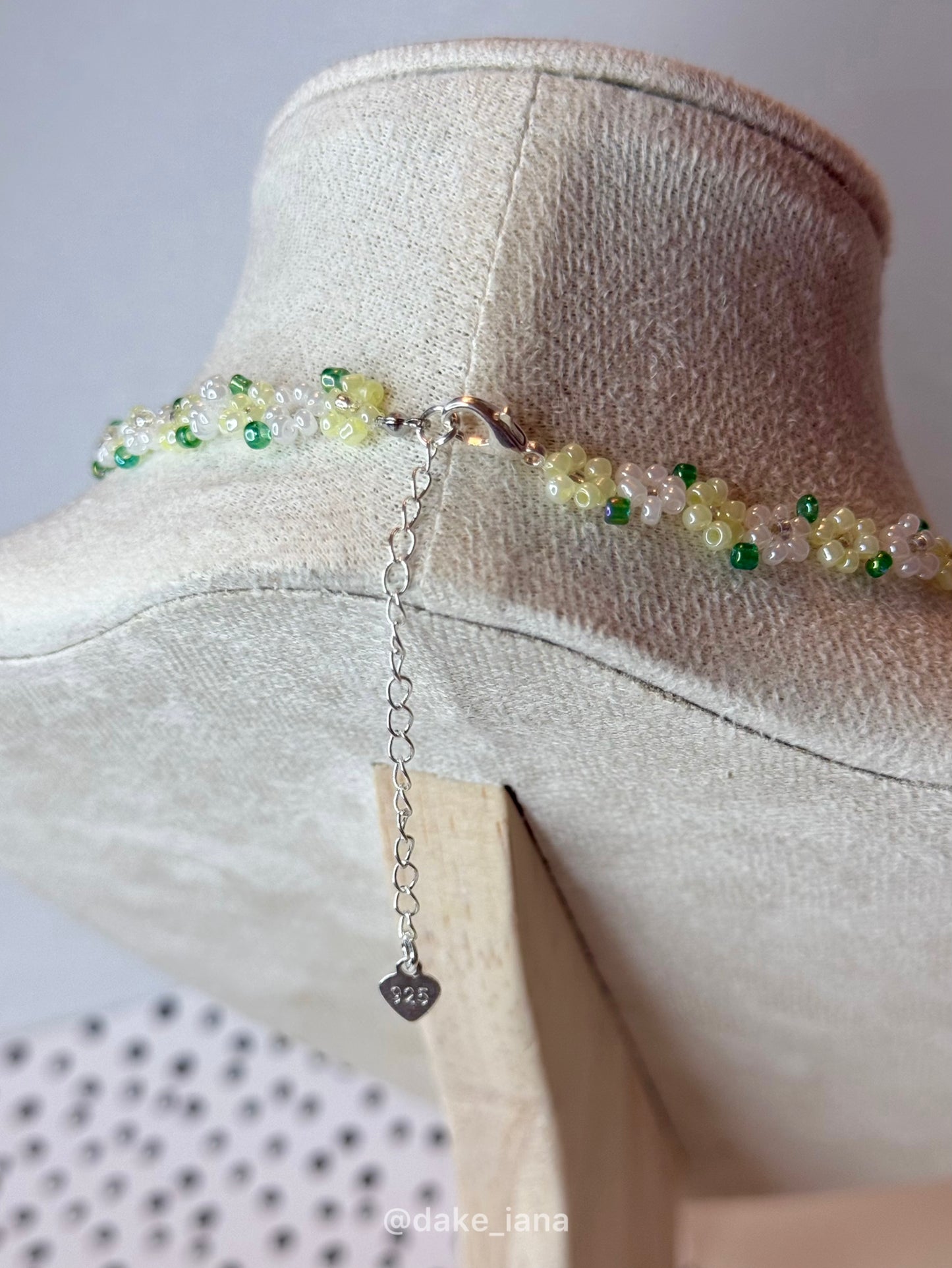 Lemon Yellow White Beaded Flower Necklace | Sunny Handmade Floral Seed Bead Choker Green Leaves Adjustable