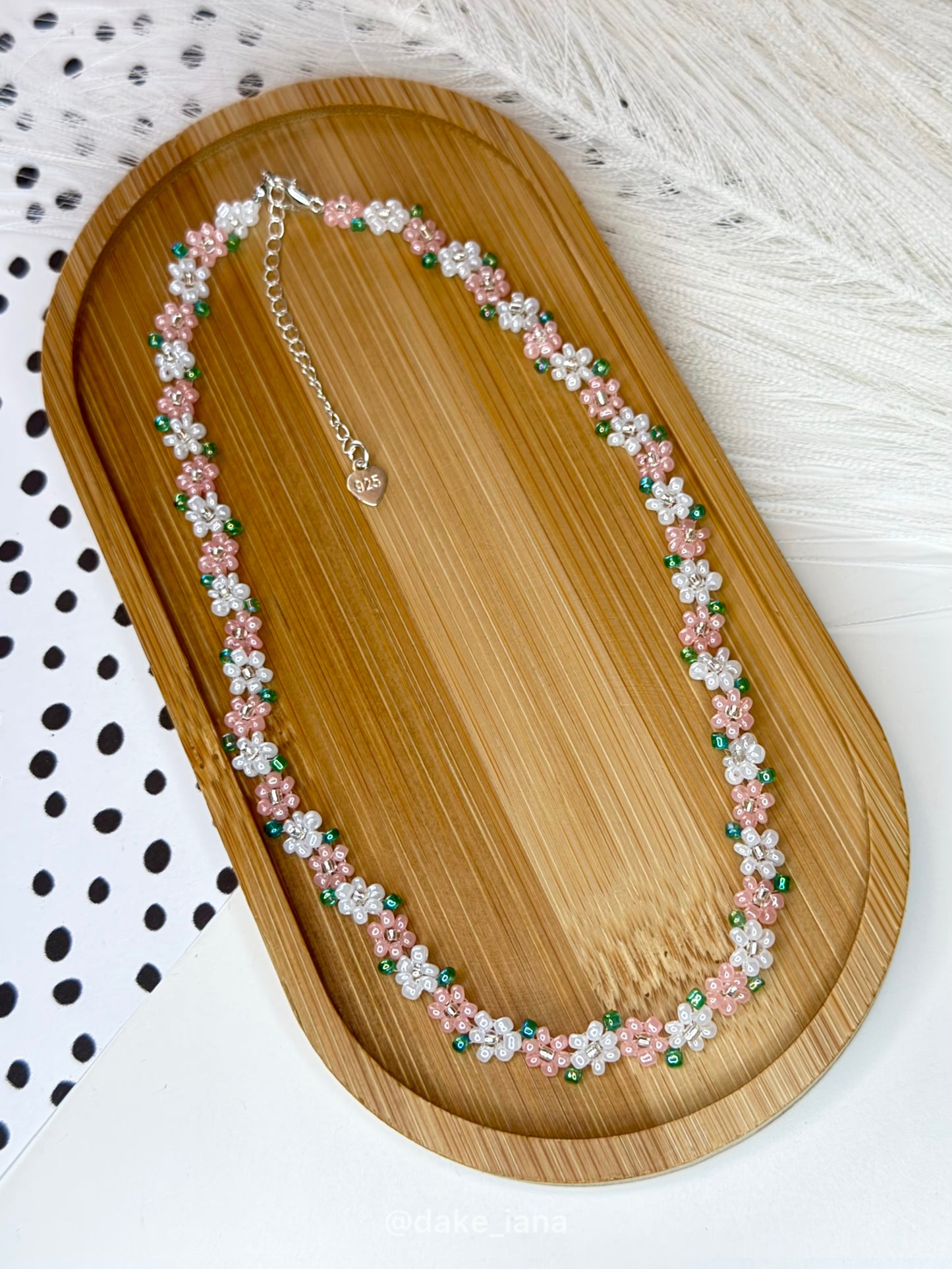 Peach Orange White Beaded Flower Necklace | Handmade Warm Floral Seed Bead Choker Green Leaves Adjustable Dainty