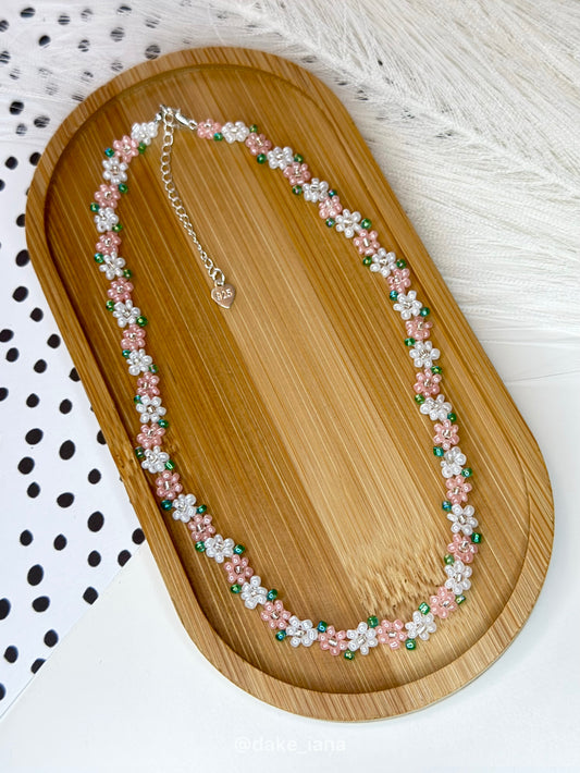 Peach Orange White Beaded Flower Necklace | Handmade Warm Floral Seed Bead Choker Green Leaves Adjustable Dainty