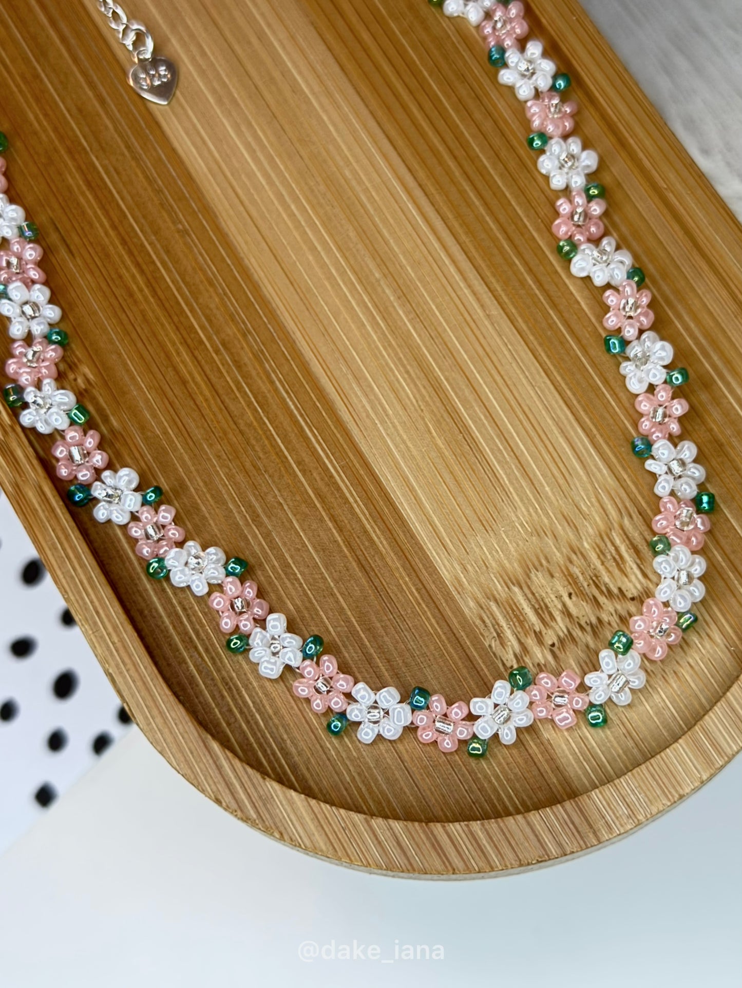 Peach Orange White Beaded Flower Necklace | Handmade Warm Floral Seed Bead Choker Green Leaves Adjustable Dainty