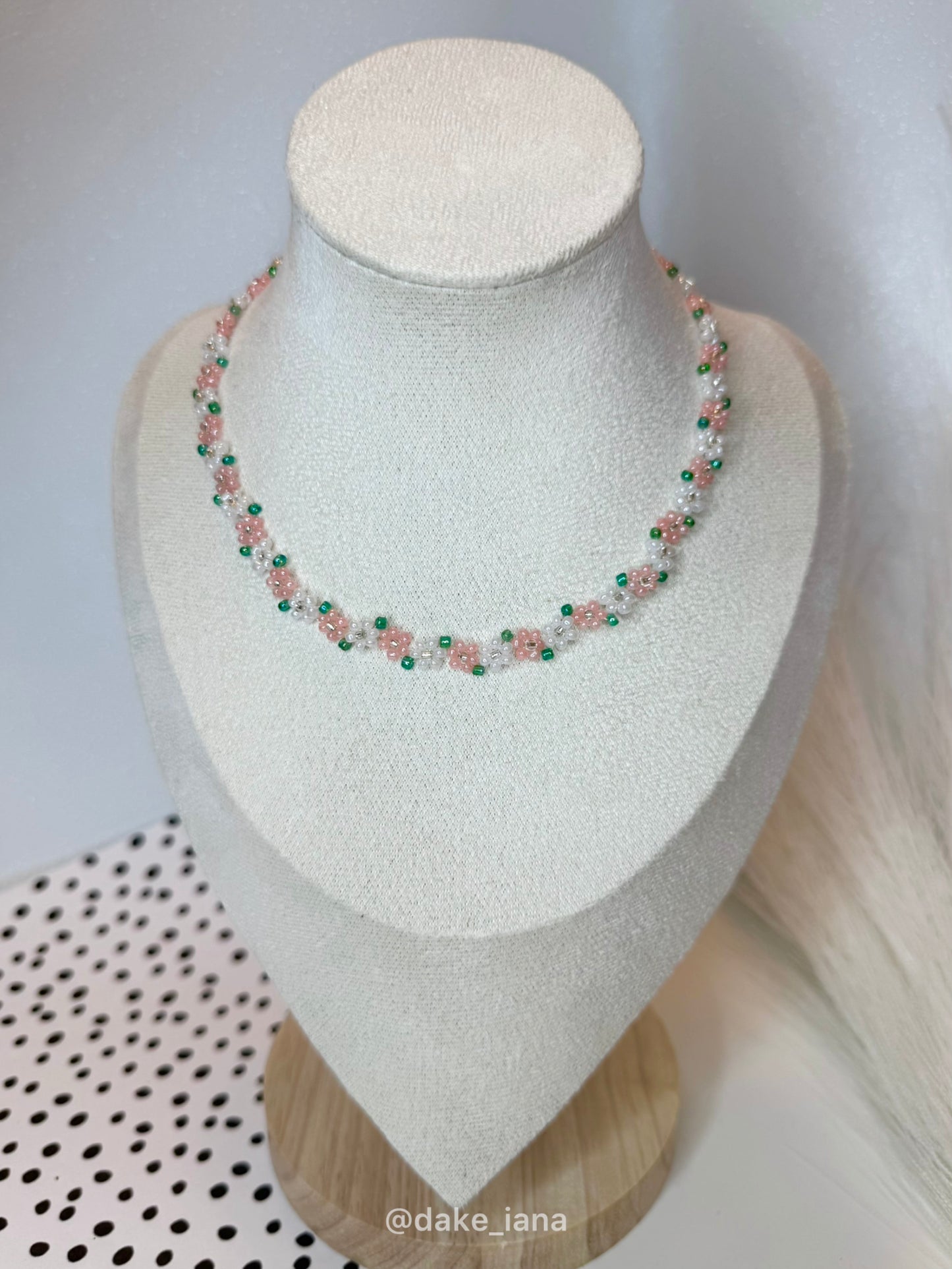 Peach Orange White Beaded Flower Necklace | Handmade Warm Floral Seed Bead Choker Green Leaves Adjustable Dainty