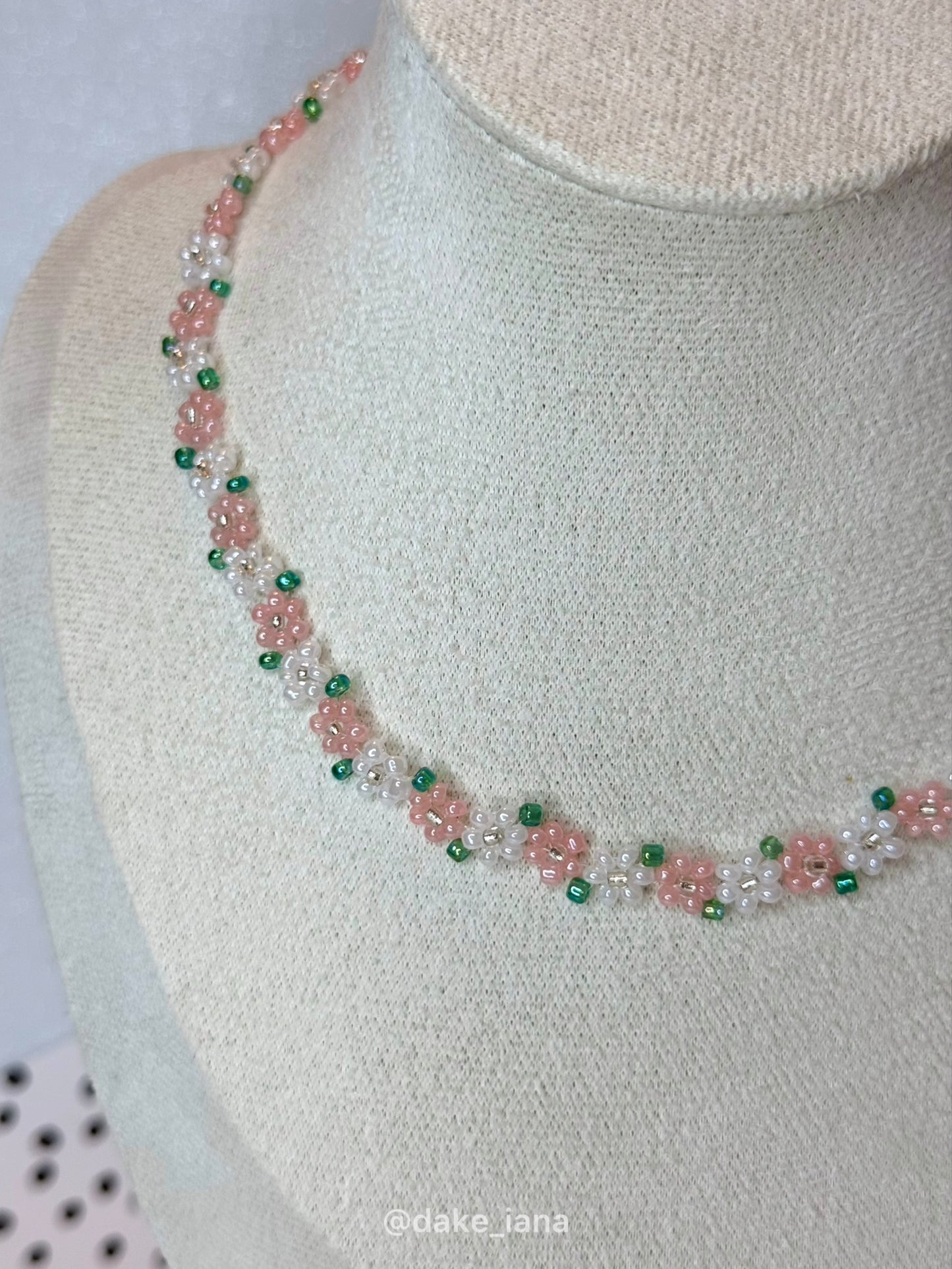 Peach Orange White Beaded Flower Necklace | Handmade Warm Floral Seed Bead Choker Green Leaves Adjustable Dainty