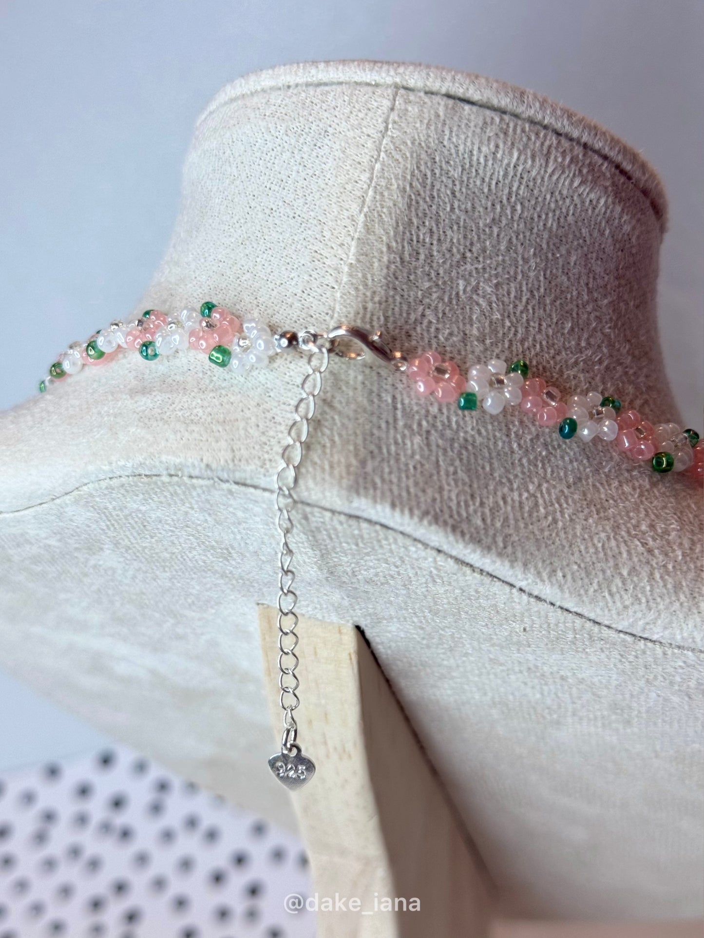 Peach Orange White Beaded Flower Necklace | Handmade Warm Floral Seed Bead Choker Green Leaves Adjustable Dainty