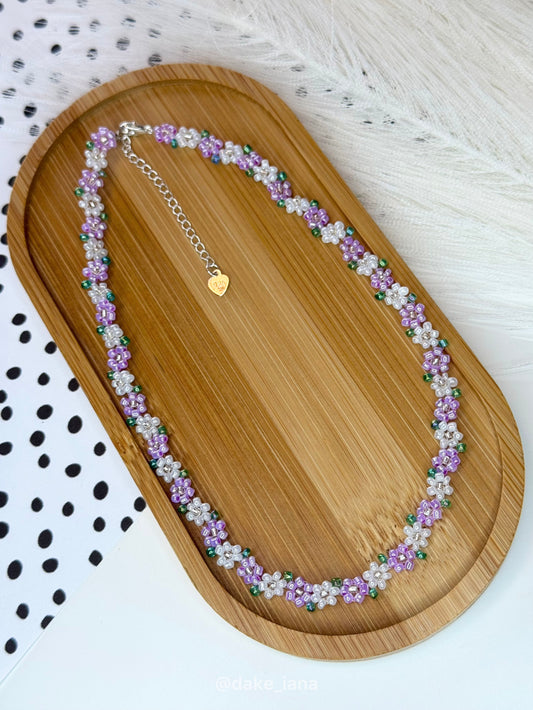 Purple White Beaded Flower Necklace Dainty | Handmade Lavender Floral Seed Bead Choker Green Leaves Adjustable