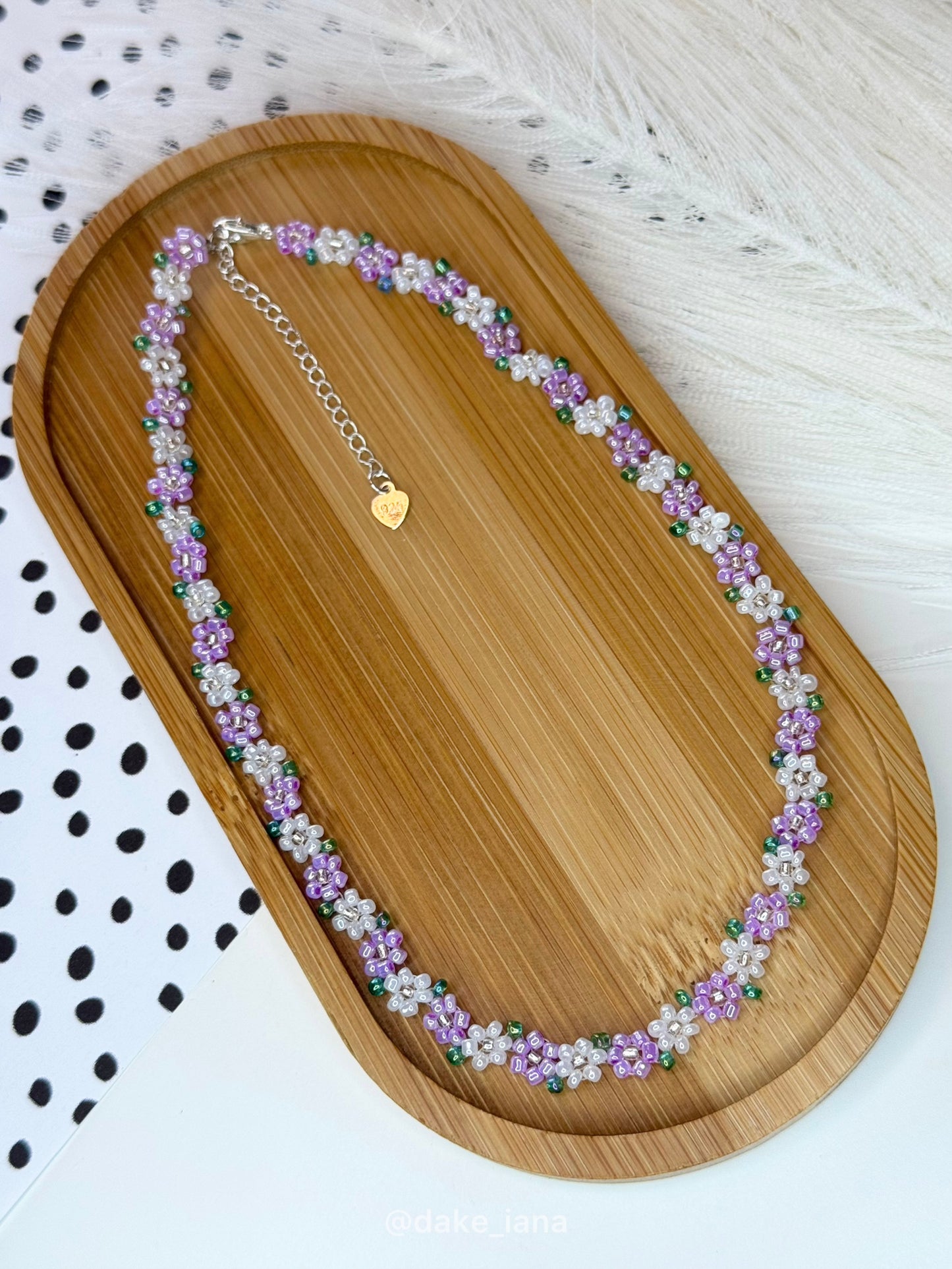 Handmade Beaded Flower Necklace | Dainty Floral Seed Bead Choker with Green Leaves | Adjustable 35cm + 6cm Extender Chain