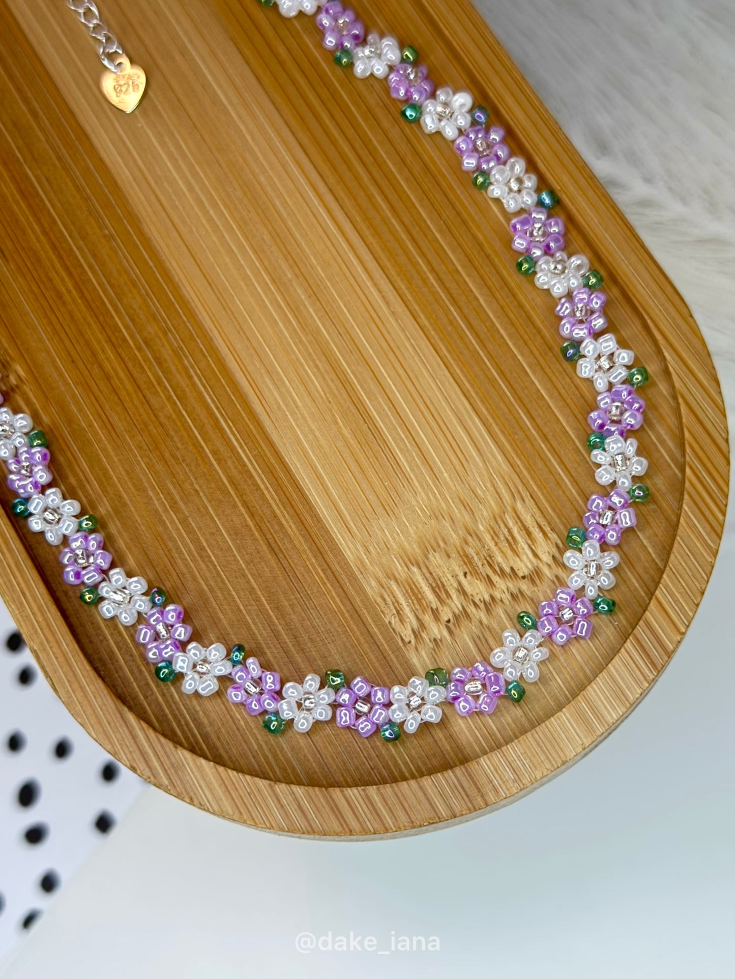 Purple White Beaded Flower Necklace Dainty | Handmade Lavender Floral Seed Bead Choker Green Leaves Adjustable