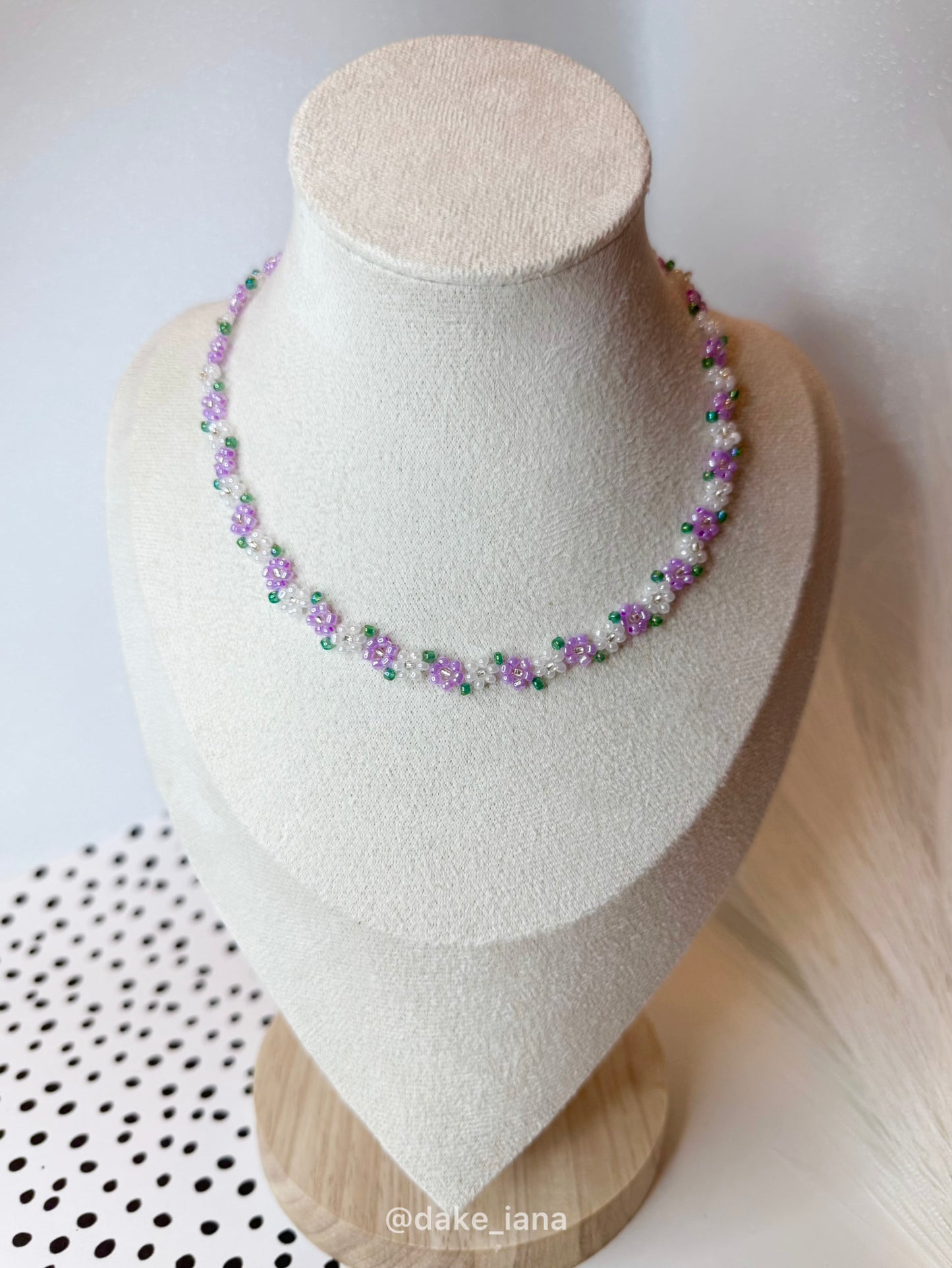 Purple White Beaded Flower Necklace Dainty | Handmade Lavender Floral Seed Bead Choker Green Leaves Adjustable