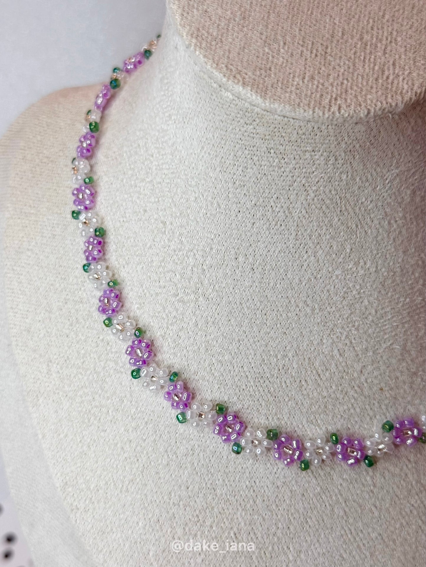 Purple White Beaded Flower Necklace Dainty | Handmade Lavender Floral Seed Bead Choker Green Leaves Adjustable