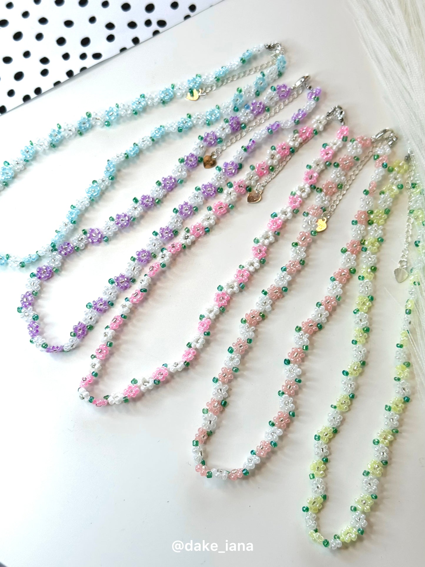 Handmade Beaded Flower Necklace | Dainty Floral Seed Bead Choker with Green Leaves | Adjustable 35cm + 6cm Extender Chain
