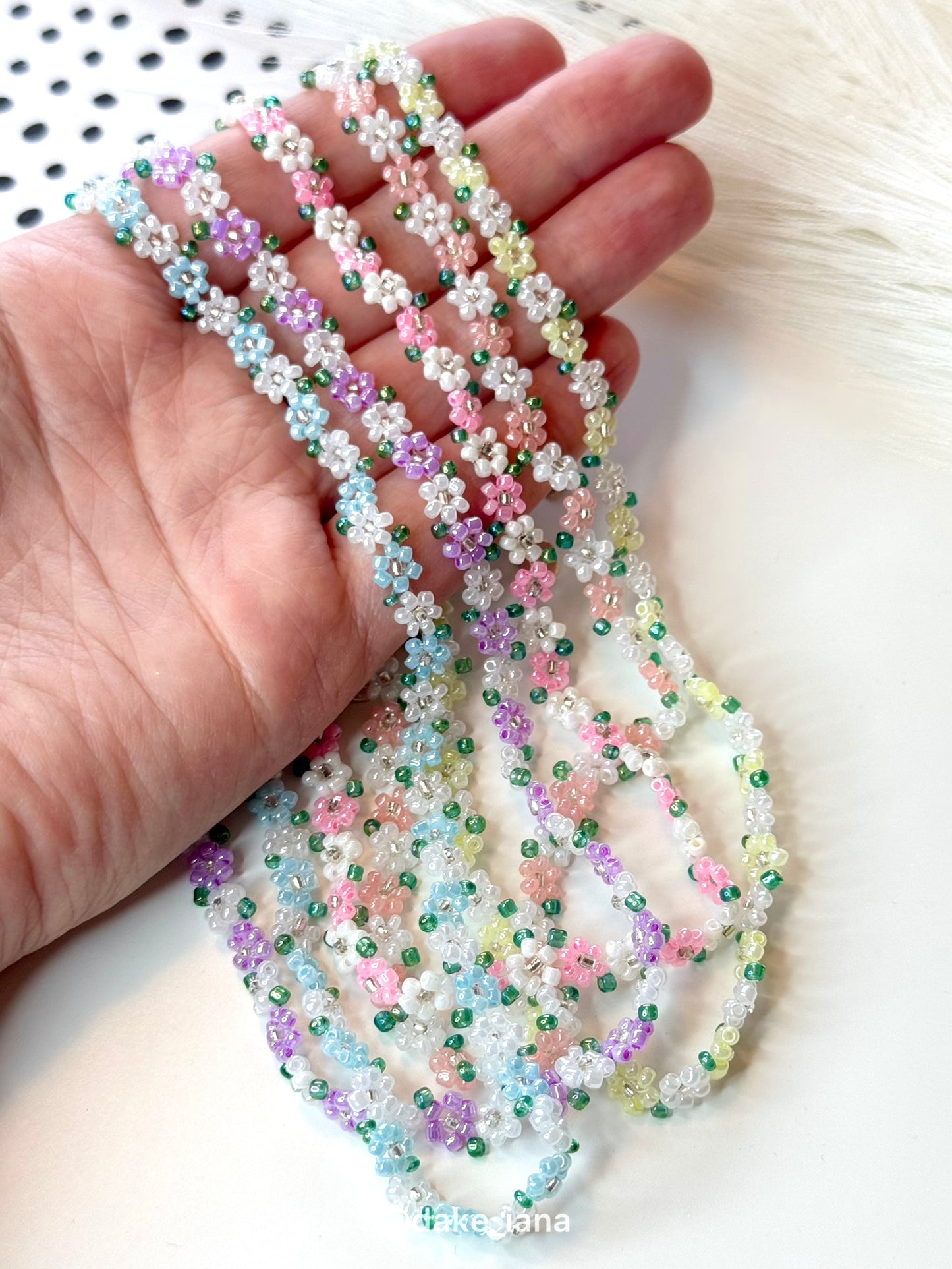 Handmade Beaded Flower Necklace | Dainty Floral Seed Bead Choker with Green Leaves | Adjustable 35cm + 6cm Extender Chain