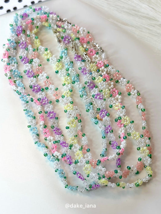 Handmade Beaded Flower Necklace | Dainty Floral Seed Bead Choker with Green Leaves | Adjustable 35cm + 6cm Extender Chain