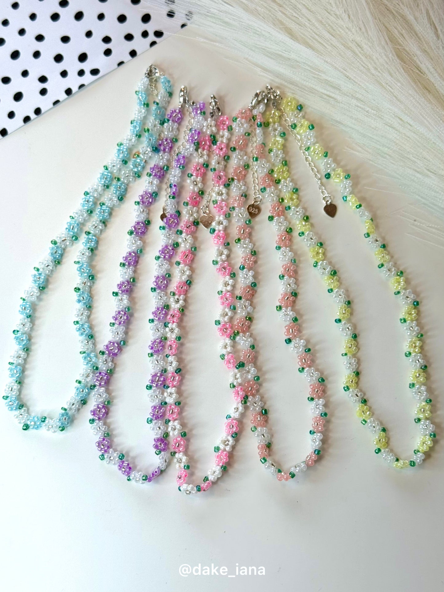 Handmade Beaded Flower Necklace | Dainty Floral Seed Bead Choker with Green Leaves | Adjustable 35cm + 6cm Extender Chain