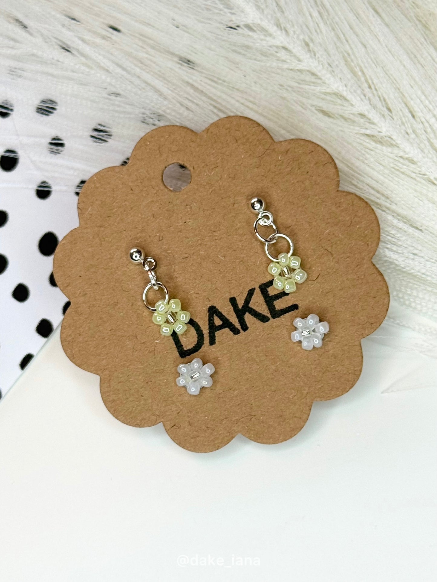 Handmade Beaded Flower Earrings Set | Sunny Yellow Drop + White Stud Seed Bead Floral