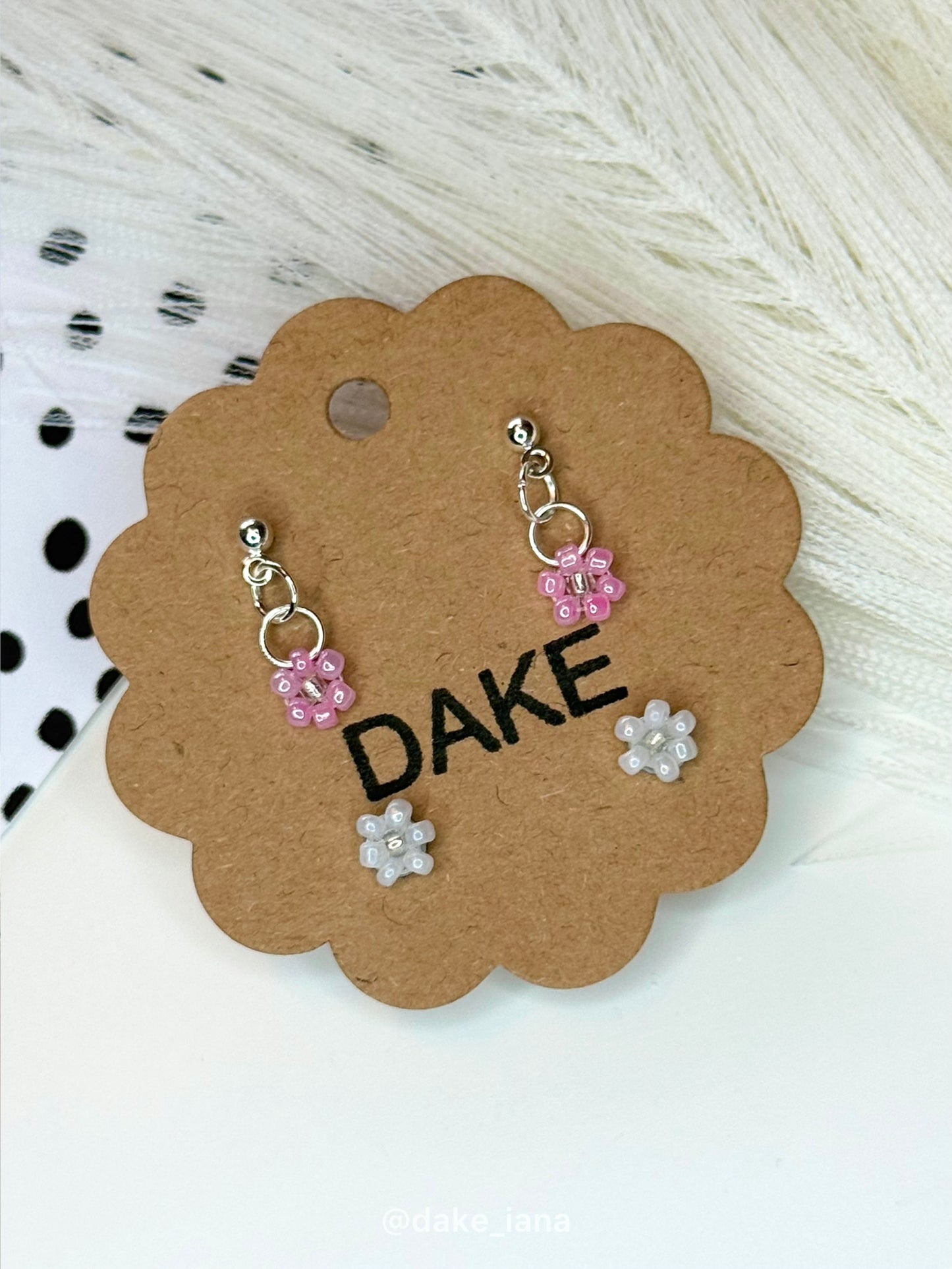 Handmade Beaded Flower Earrings Set | Pink Drop + White Stud Dainty Seed Bead Jewelry
