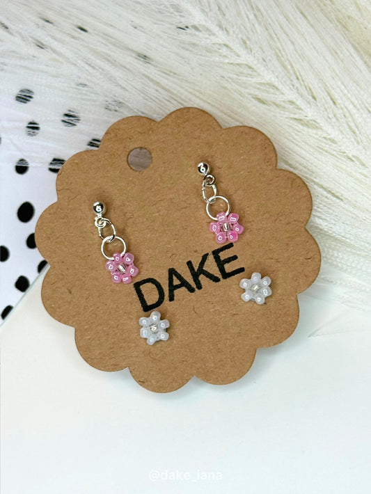 Handmade Beaded Flower Earrings Set | Pink Drop + White Stud Dainty Seed Bead Jewelry