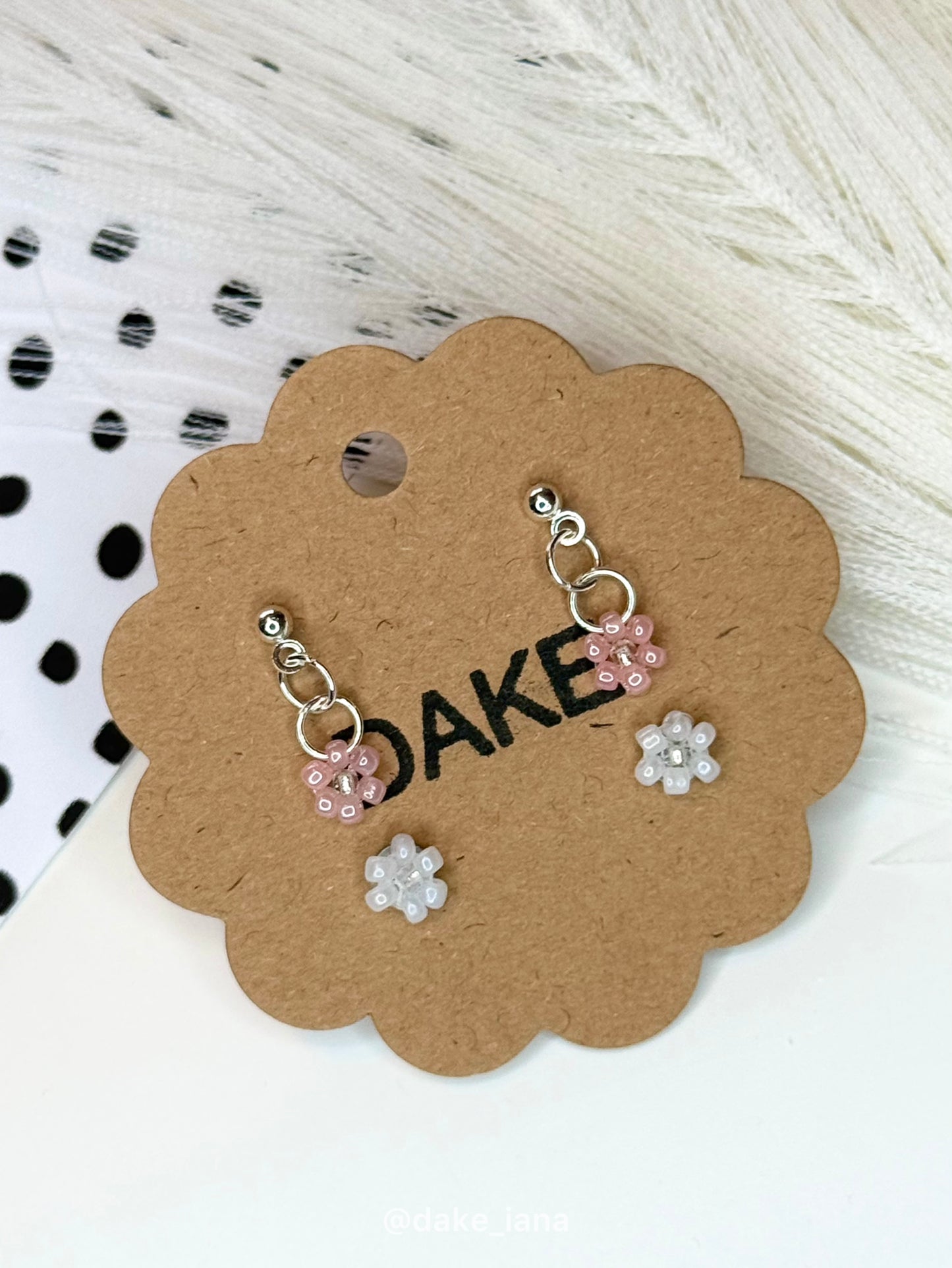 Handmade Beaded Flower Earrings Duo Set | Choose Color Drop + White Stud Dainty Seed Bead Jewelry