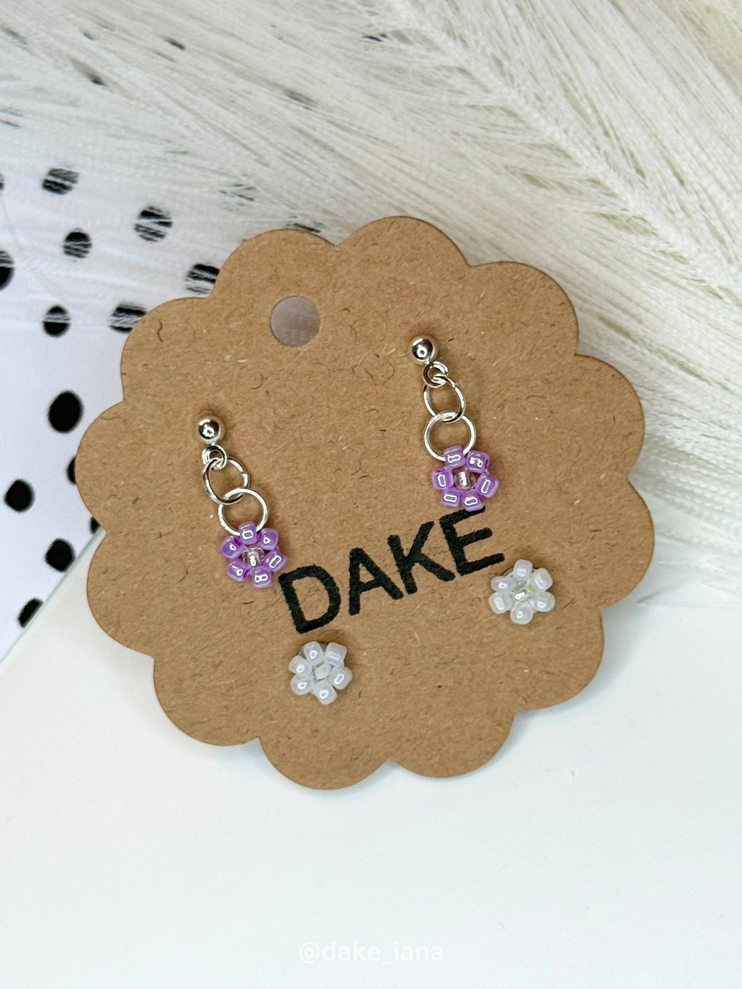 Handmade Beaded Flower Earrings Set | Purple Drop + White Stud Floral Seed Bead Jewelry