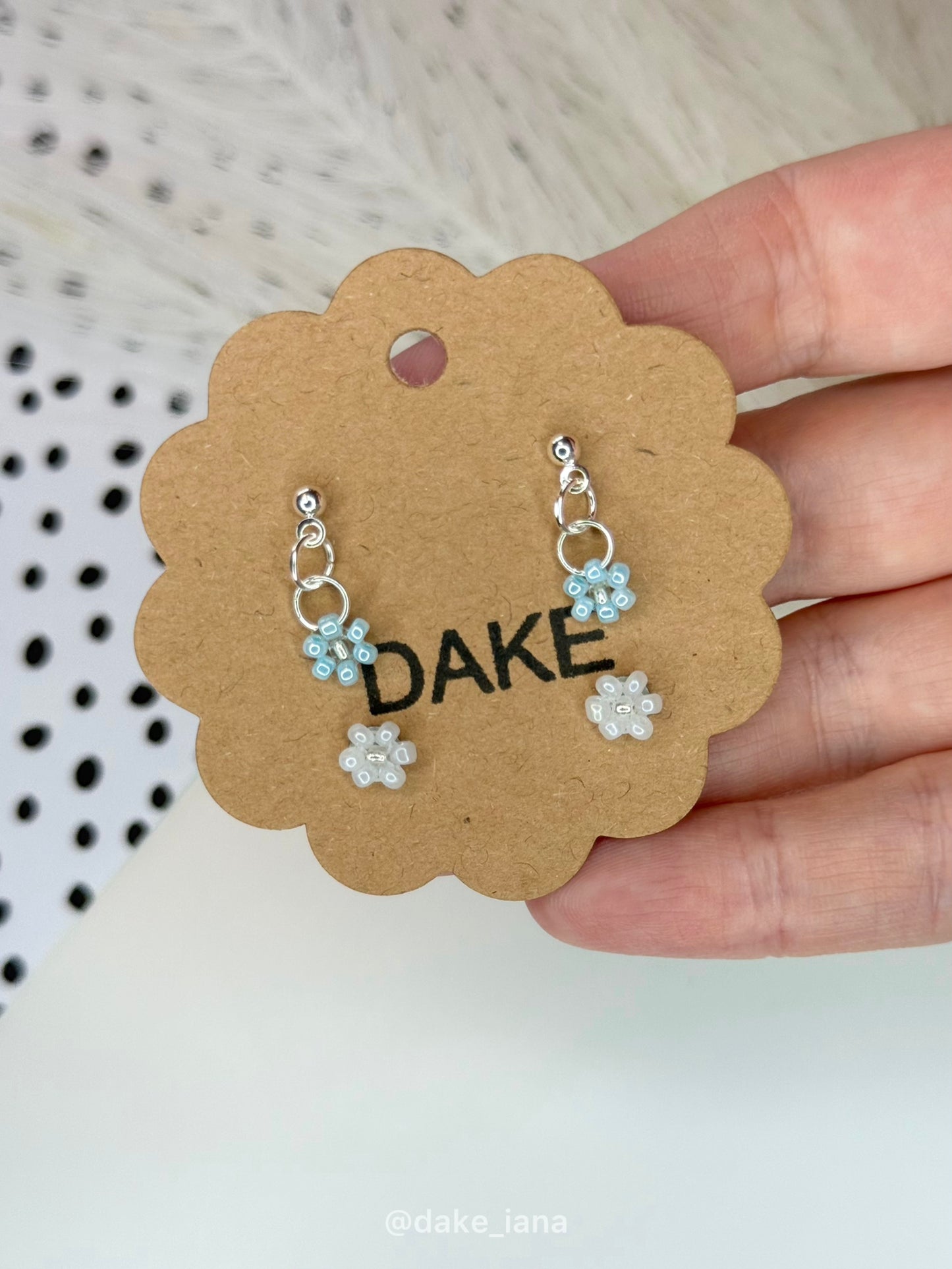 Handmade Beaded Flower Earrings Set | Baby Blue Drop + White Stud Pastel Floral Jewelry