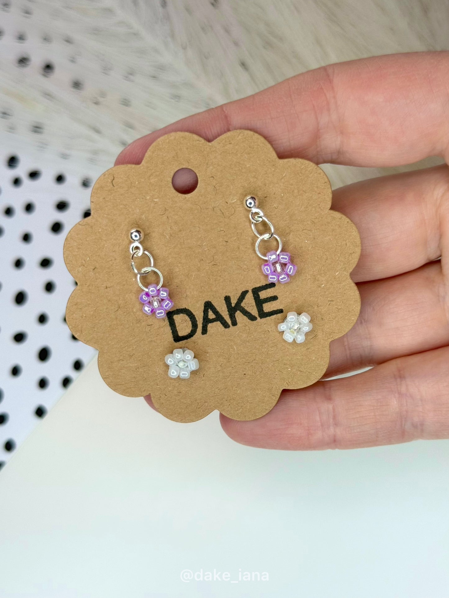 Handmade Beaded Flower Earrings Set | Purple Drop + White Stud Floral Seed Bead Jewelry