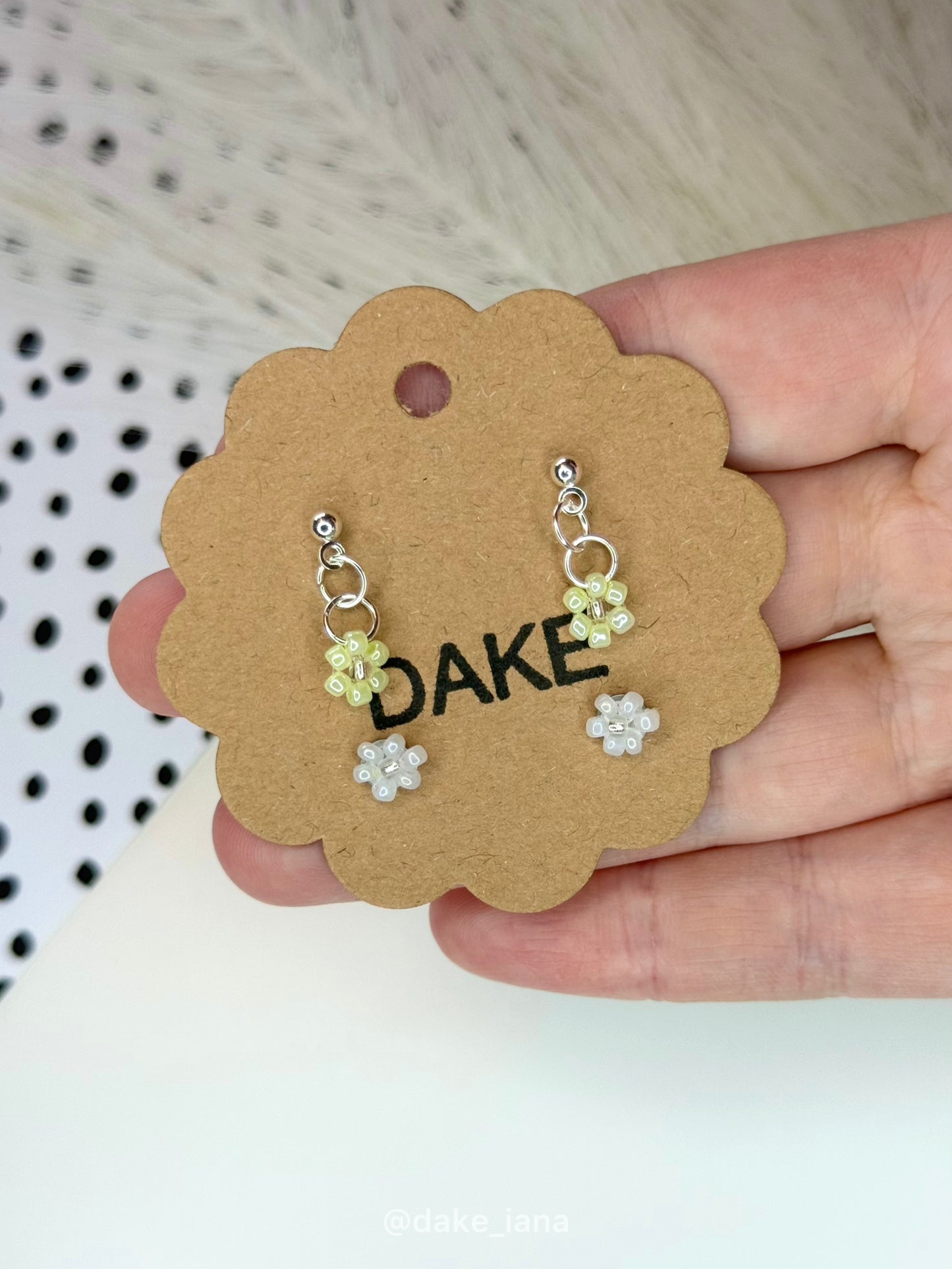 Handmade Beaded Flower Earrings Set | Sunny Yellow Drop + White Stud Seed Bead Floral